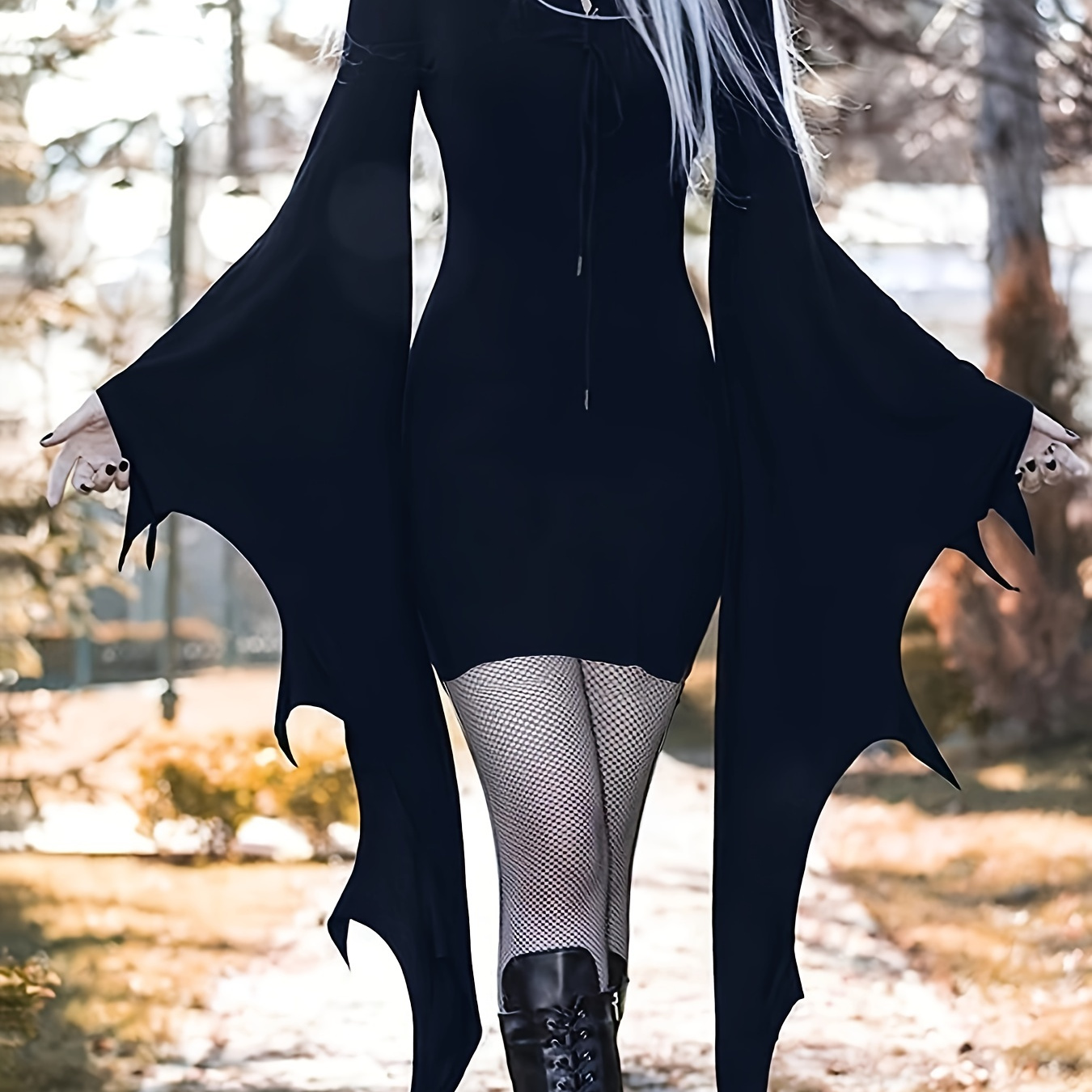 

Halloween Solid Costume Dress, Gothic Crisscross Drawstring Performance Dress, Women's Clothing