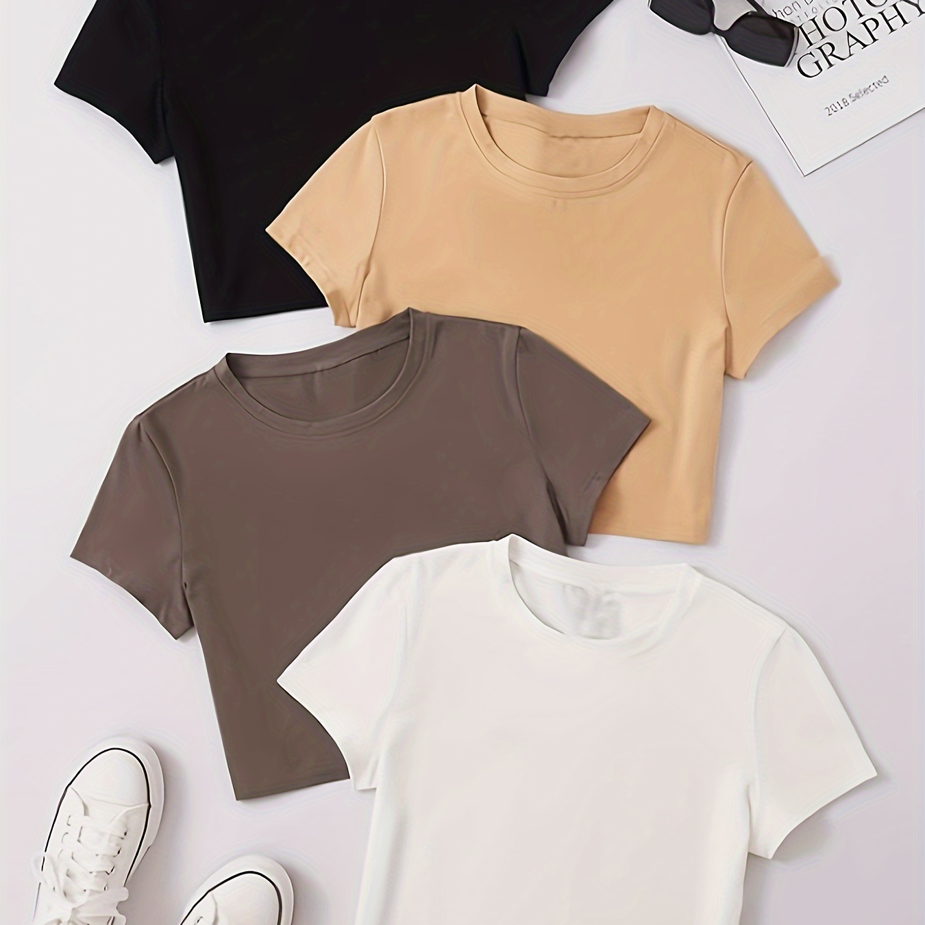 

4pcs Chic Top T-shirts For Women - Elegant & Simple Short Sleeve, Crew Neck, Stretchy Polyester , Machine Washable - Solid Colors For Casual Attire