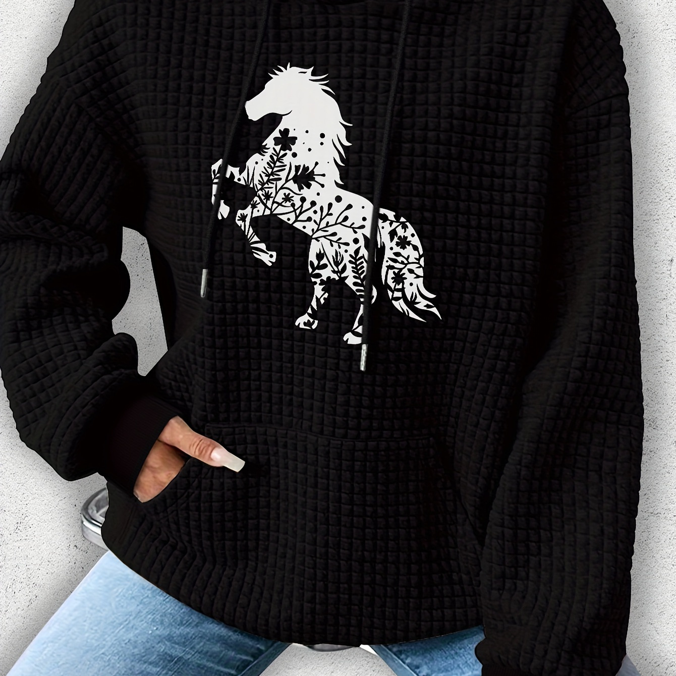 

Horse Print Waffle Hoodie, Kangaroo Pocket Drawstring Casual Hooded Sweatshirt For Fall & Spring, Women's Clothing