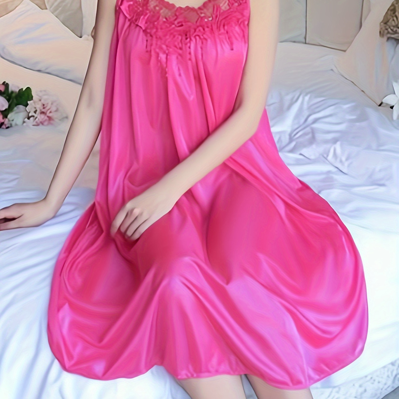 

Women's Elegant Solid Lace Sleepwear Dress, Round Neck Sleeveless Dress, Comfortable Nightgown