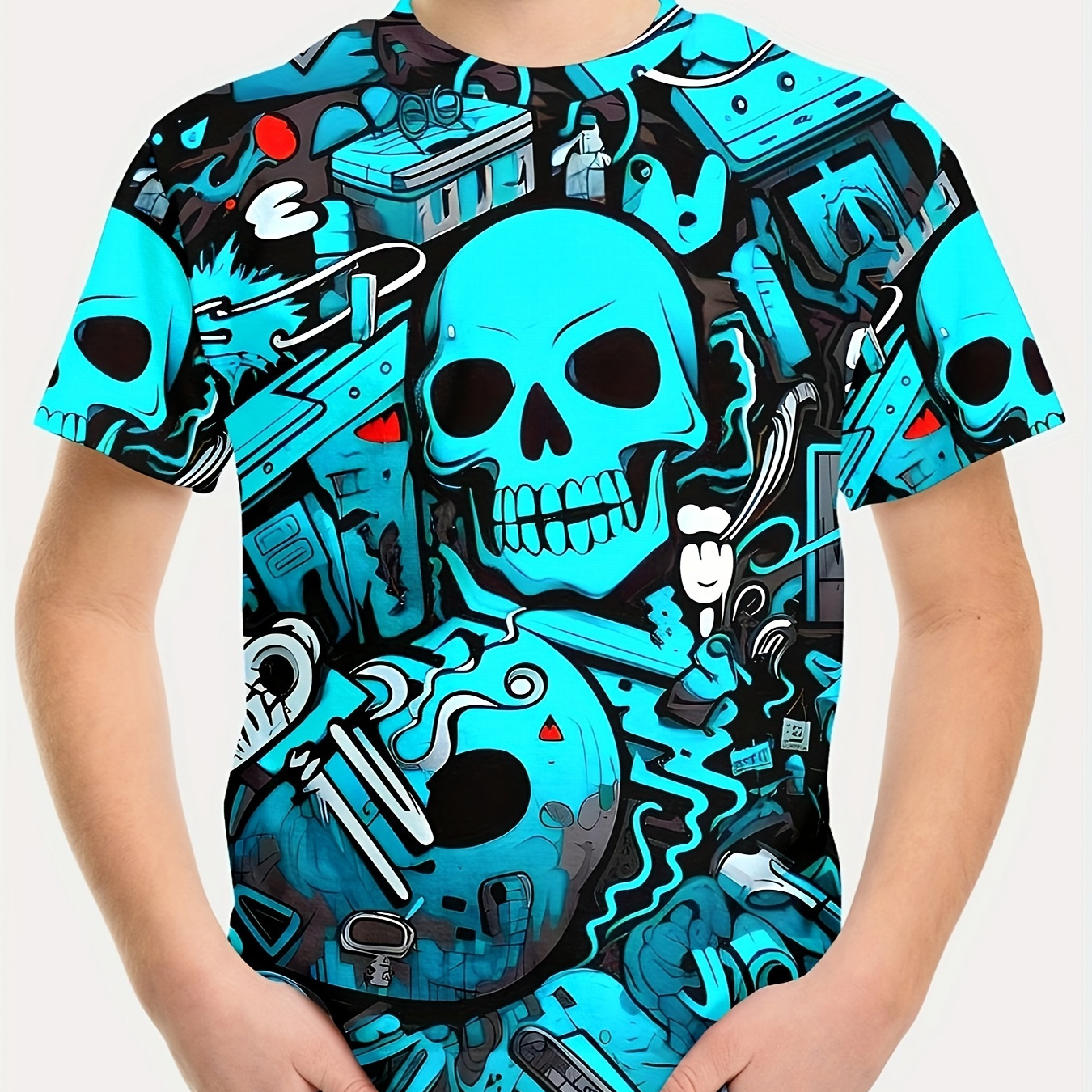 

Cool Skull 3d Print Boy's Casual T-shirt, Short Sleeve Comfy Tee Tops, Summer Outdoor Sports Clothing