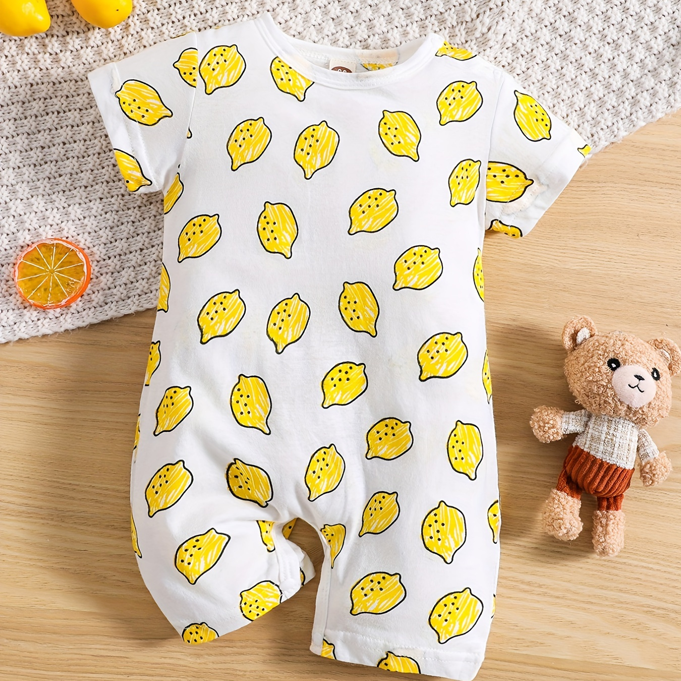 

Adorable Summer Lemon-printed Cotton Jumpsuit For Infants - Comfort And Style Combined!