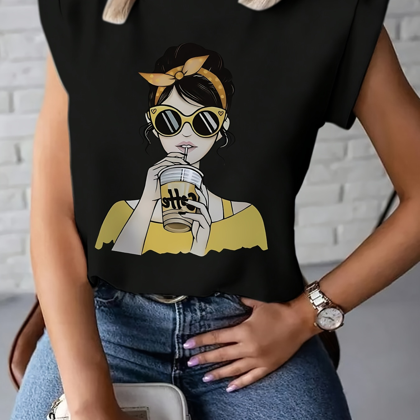 

Figure Print Mock Neck T-shirt, Casual Cap Sleeve T-shirt For Spring & Summer, Women's Clothing