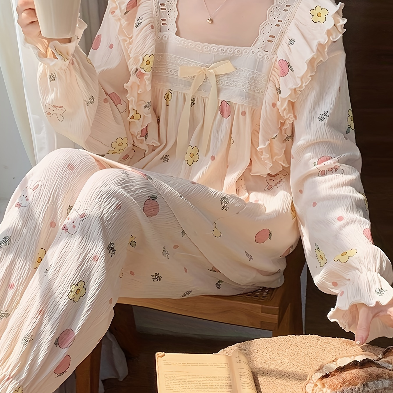 

Cute Bunny & Floral Print Textured Pajama Set, Sweet Ruffle Trim Flounce Sleeve Bow Square Neck Top & Elastic Pants, Women's Sleepwear