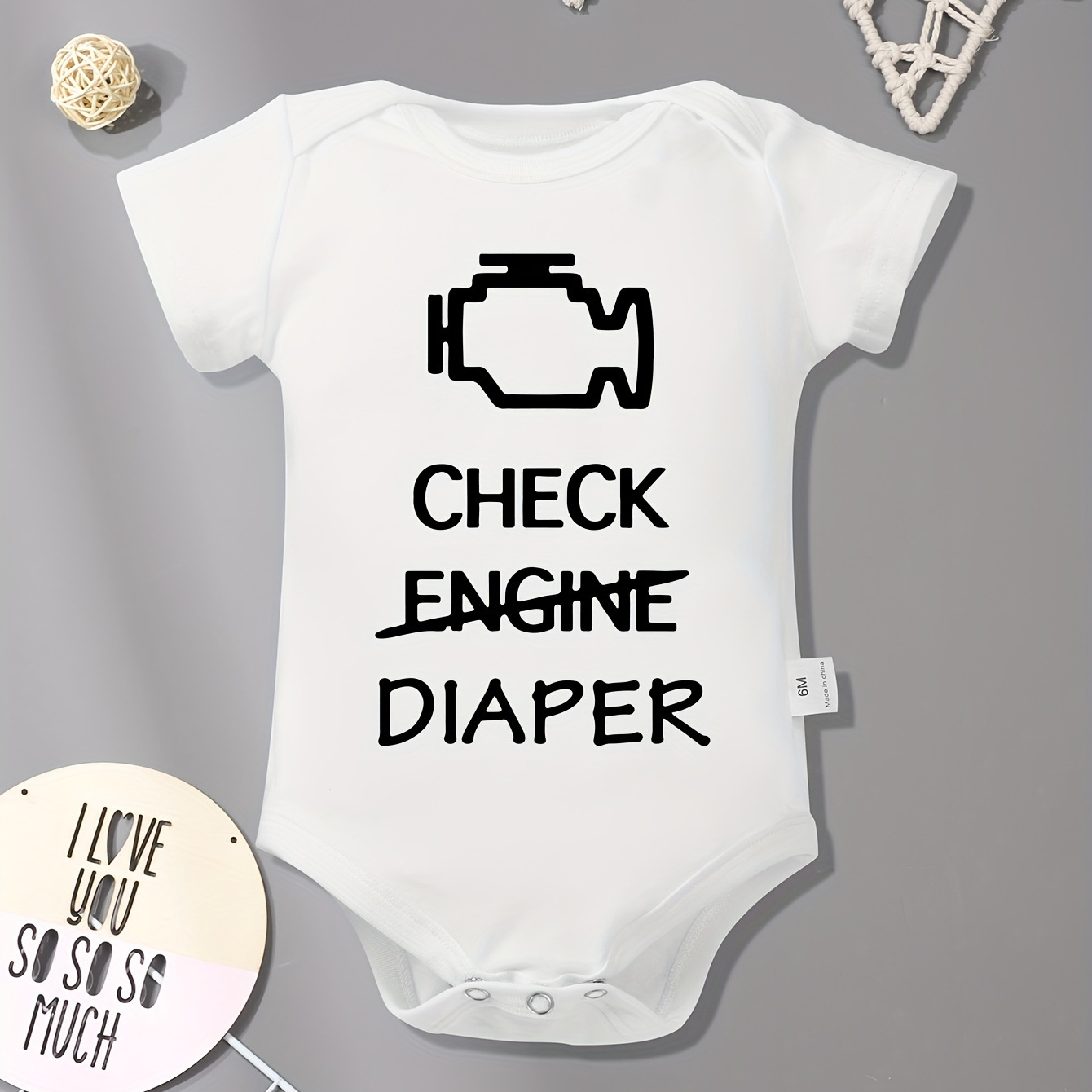 

Baby Boys Onesie, "check Engine Diaper" Letter & Engine Doodle Print, Soft Casual Crew Neck Bodysuit For Infants