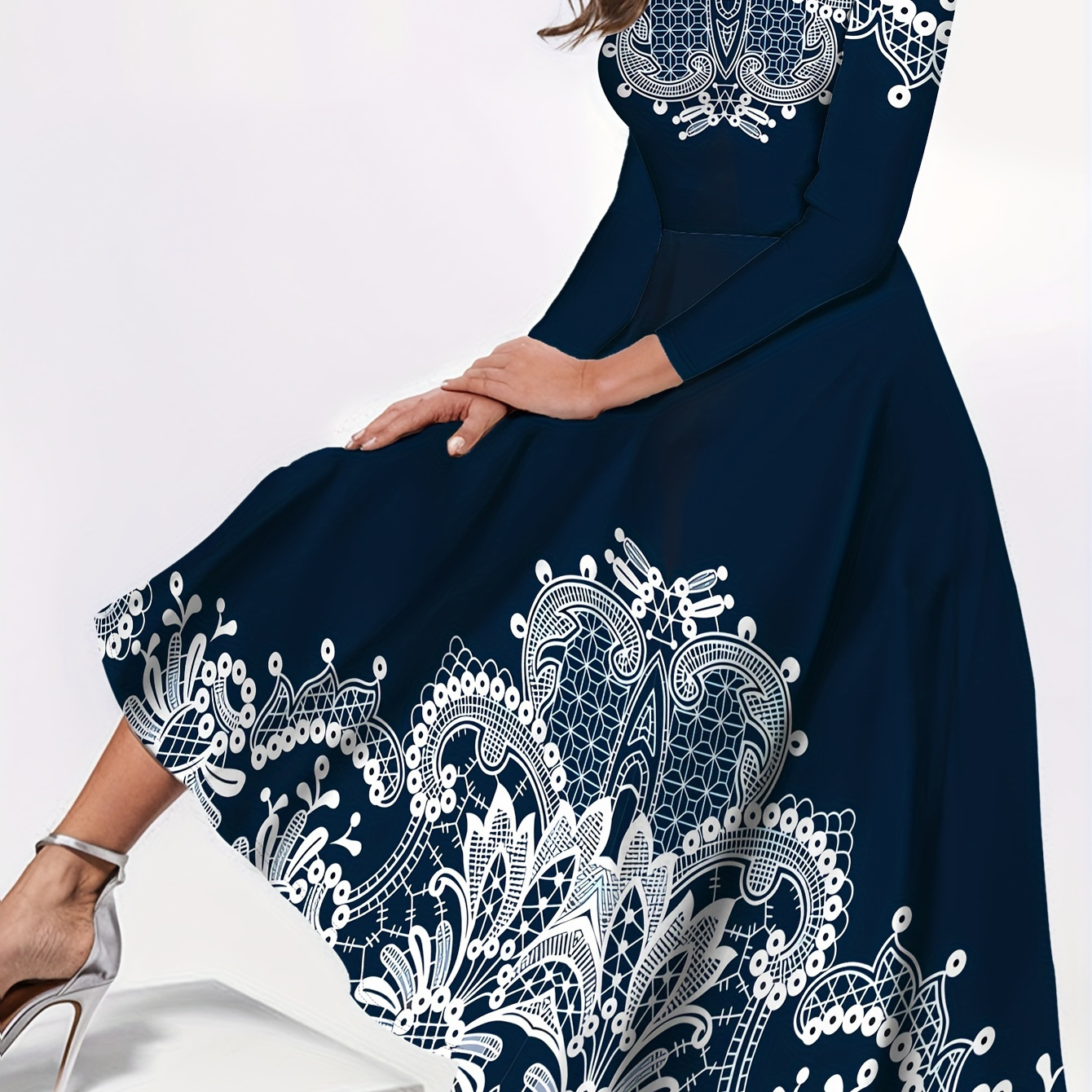 

Geo Print Crew Neck Dress, Elegant Three-quarter Sleeve A-line Dress For Summer & Spring, Women's Clothing