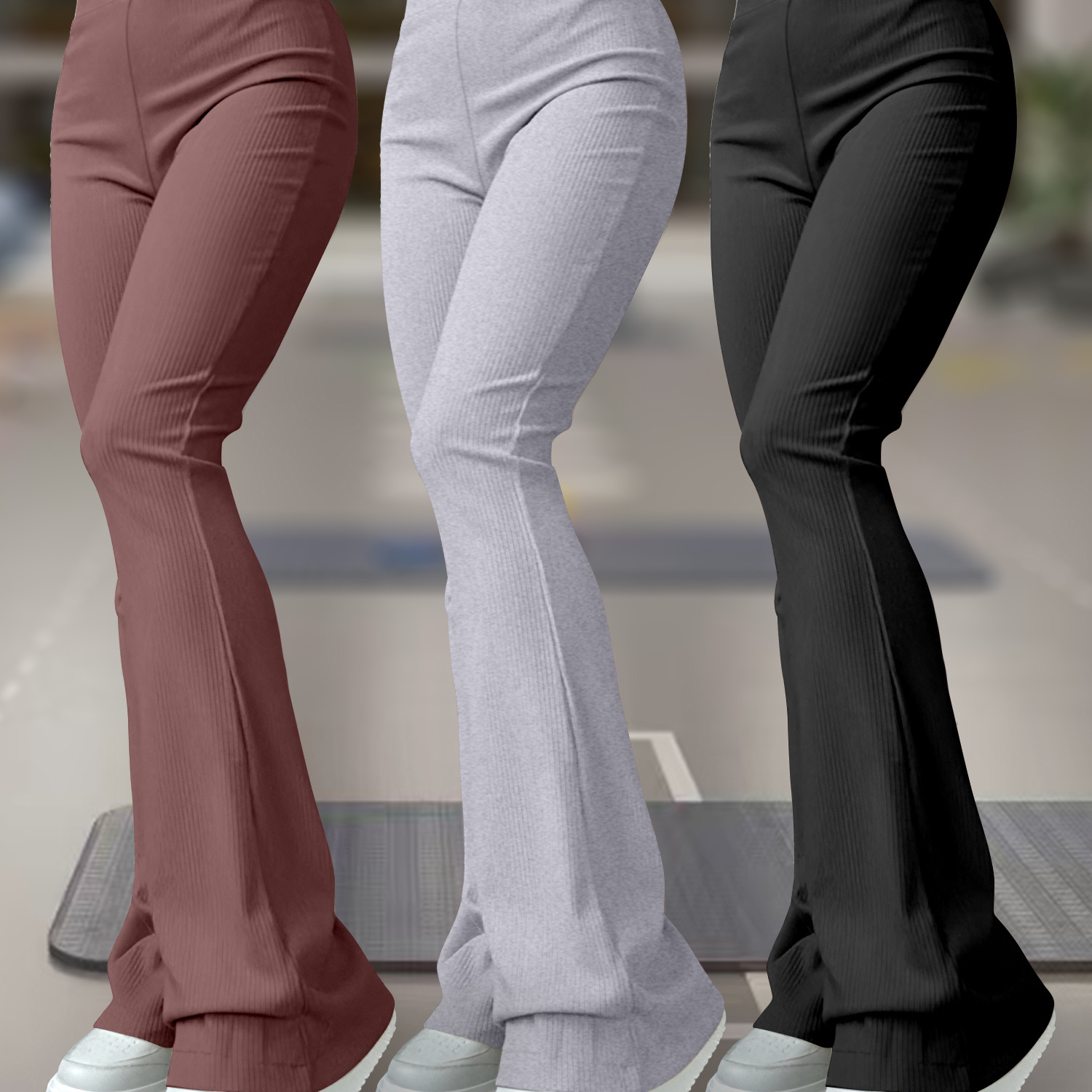 

Women's 3pcs High-waist Flare Pants Set - Stretchy Yoga & Casual Slim Fit, Solid Color, Wear