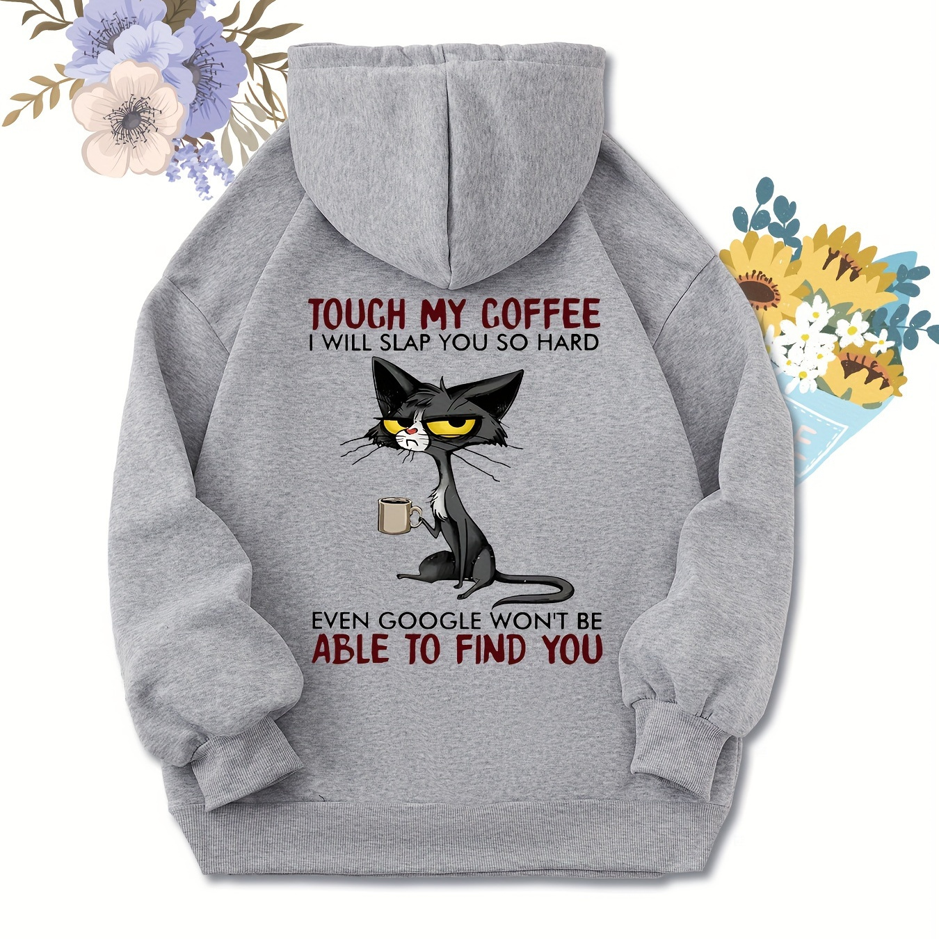 

Letter & Cat Print Solid Color Drawstring Hoodie, Pullover Kangaroo Pocket Active Hooded Sweatshirt, Women's Sweatshirts