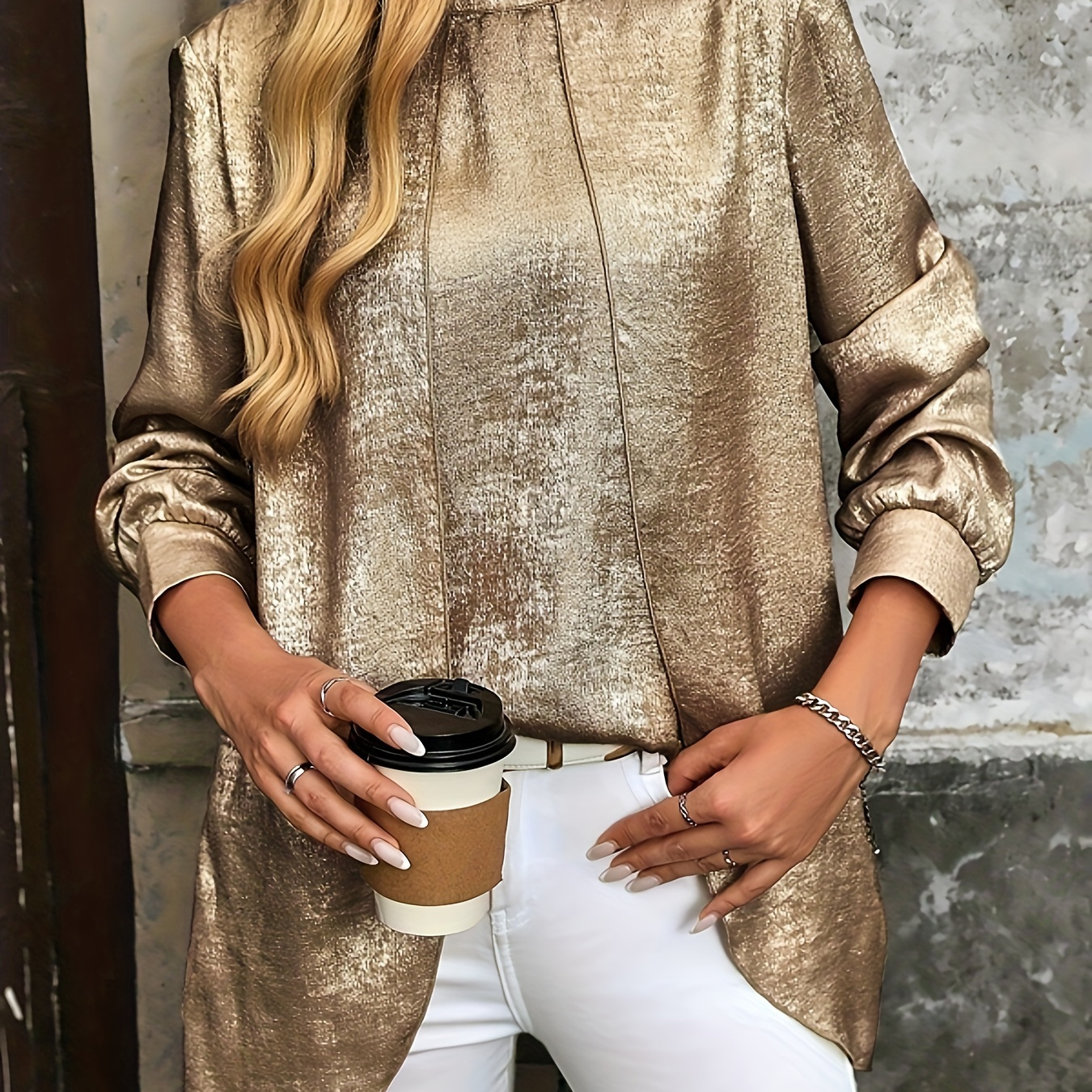 

[ ] Women's Golden Satin Blouse - Casual Long Sleeve With Asymmetrical Hem, Stand Collar, Machine Washable, Polyester