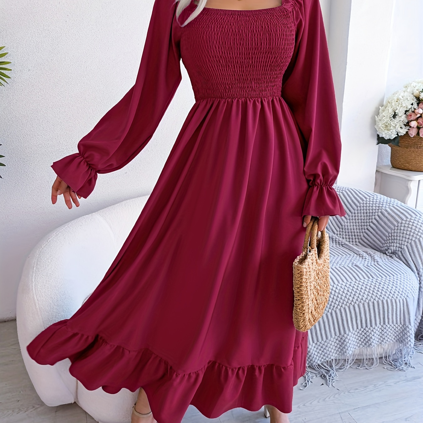 

Solid Squared Neck Long Lantern Sleeve Maxi Dress, Casual High Waist Backless Hem Dress, Women's Clothing