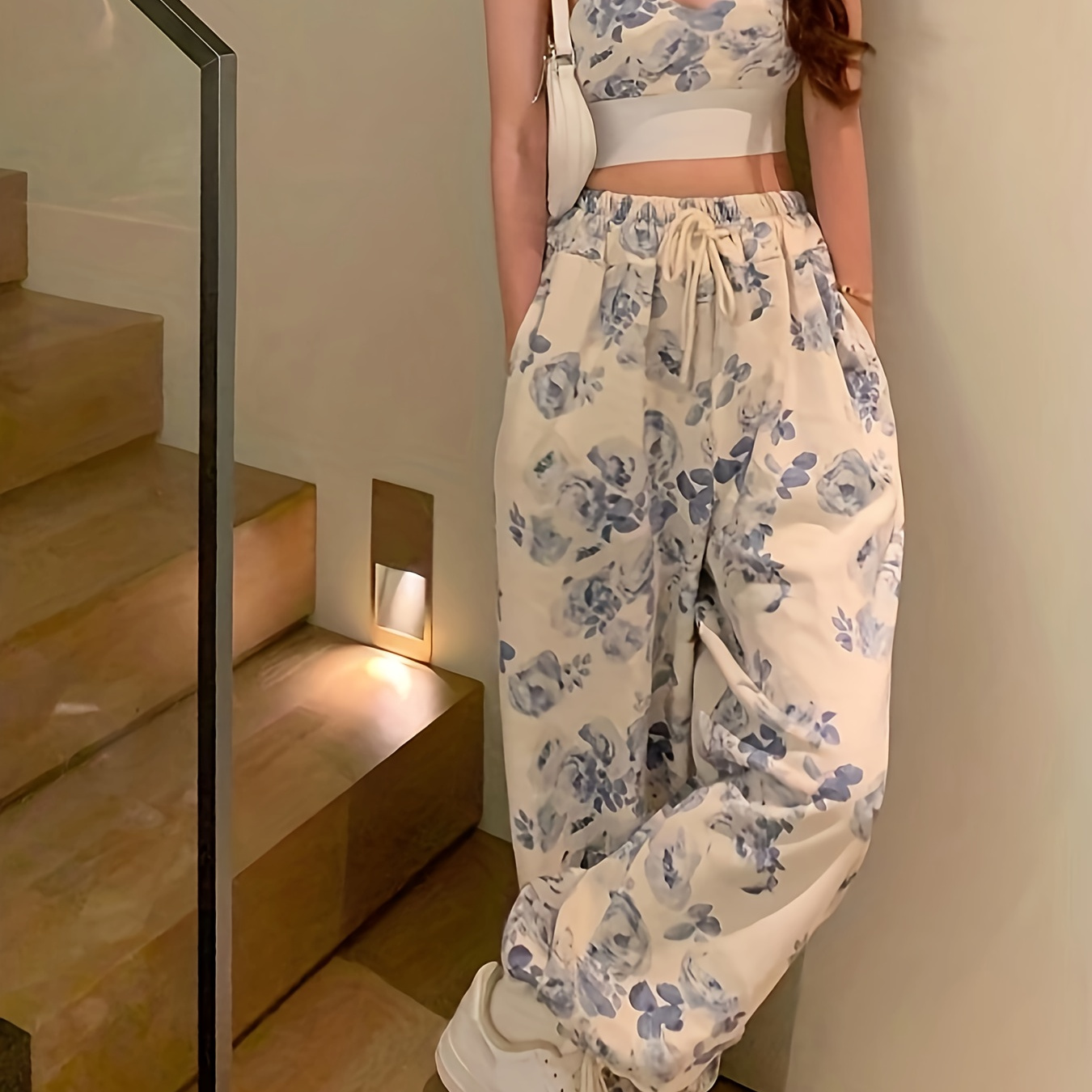 

Floral Print Casual Pantsuits, Deep V Neck Backless Crop Cami Top & Elastic Waist Wide Leg Drawstring Pants Outfits, Women's Clothing