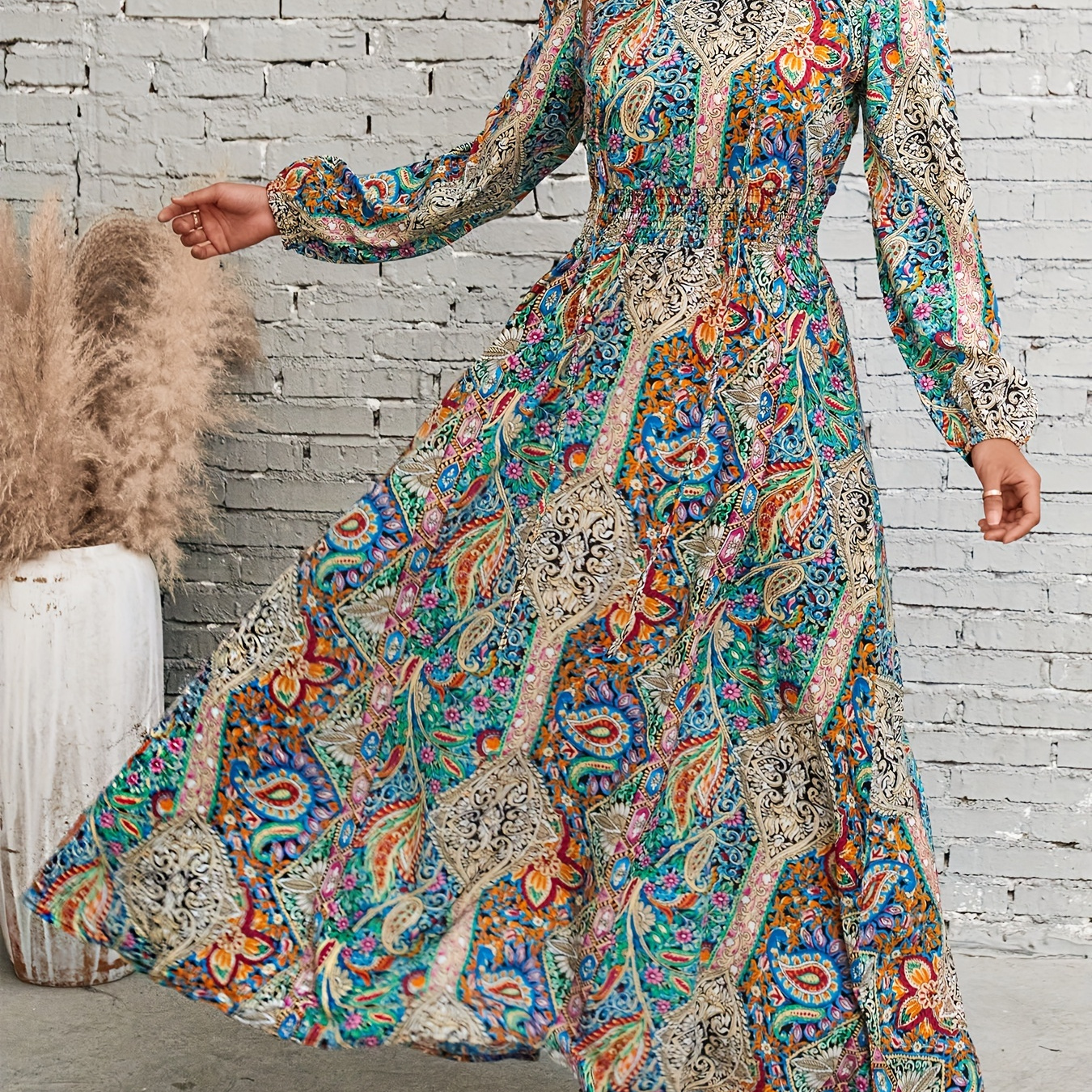 paisley print tie front dress vintage long sleeve shirred