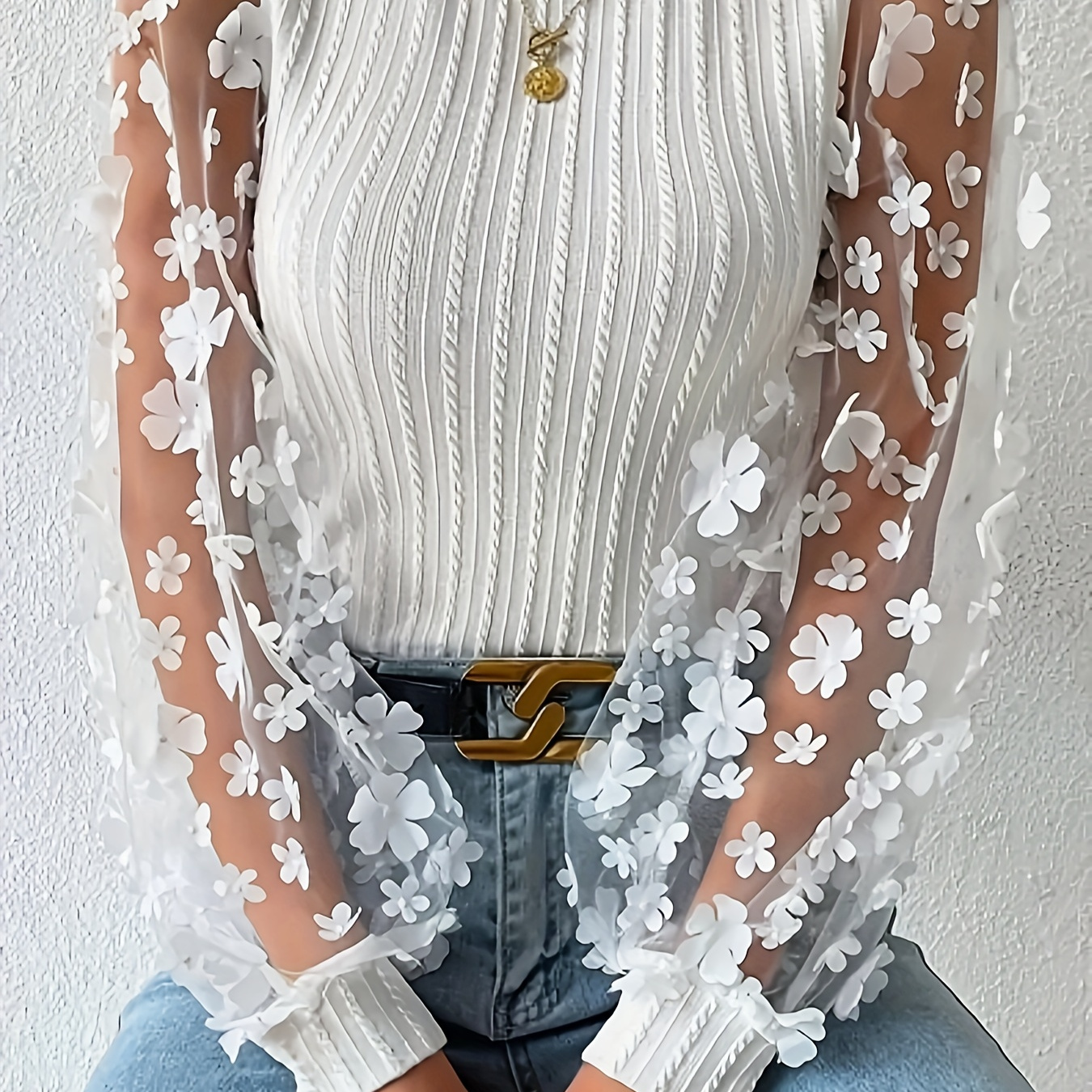 

Floral Applique Crew Neck Blouse, Casual Long Illusion Sleeve Blouse For Spring & Fall, Women's Clothing