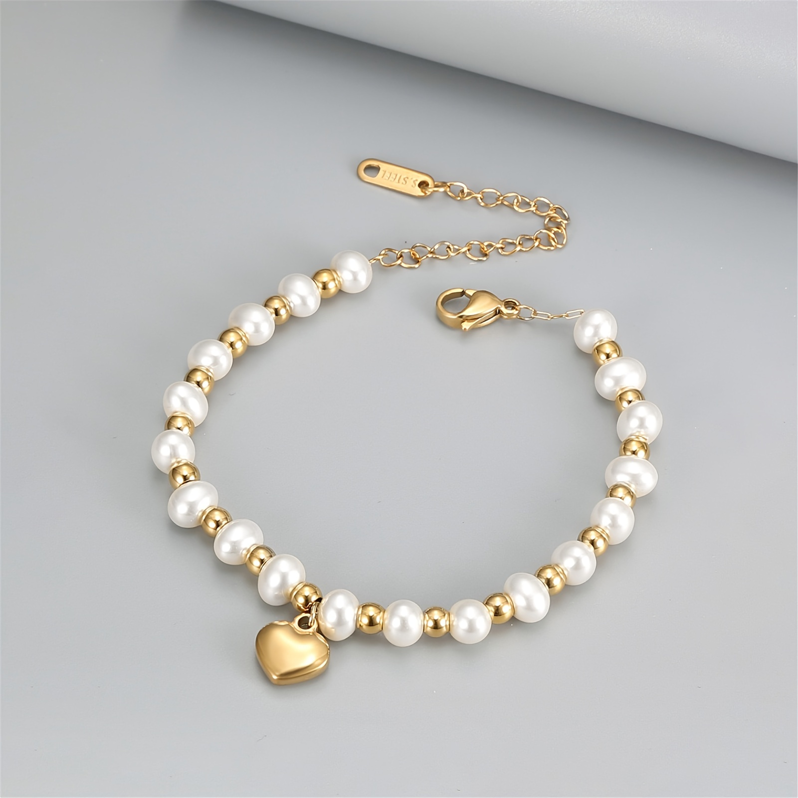 

Heart Shape Pendant Bracelet With Faux Pearls Beads Stainless Steel Hand Jewelry Minimalist Valentines Day Jewelry Gift