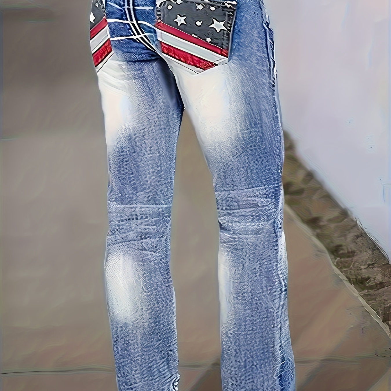 

Women's Casual Bootcut Jeans With Star Striped Flag Pattern And Distressed Pocket Detail, Stretch Denim, Independence Day 4th Of July