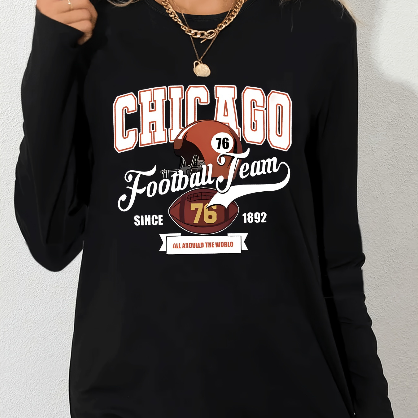 

Women's Chicago Team Graphic Long Sleeve T-shirt - Polyester Blend, Crew Neck, Slight Stretch, Sports Style Pullover, Knit Fabric, Casual Wear For All Seasons - 1pc