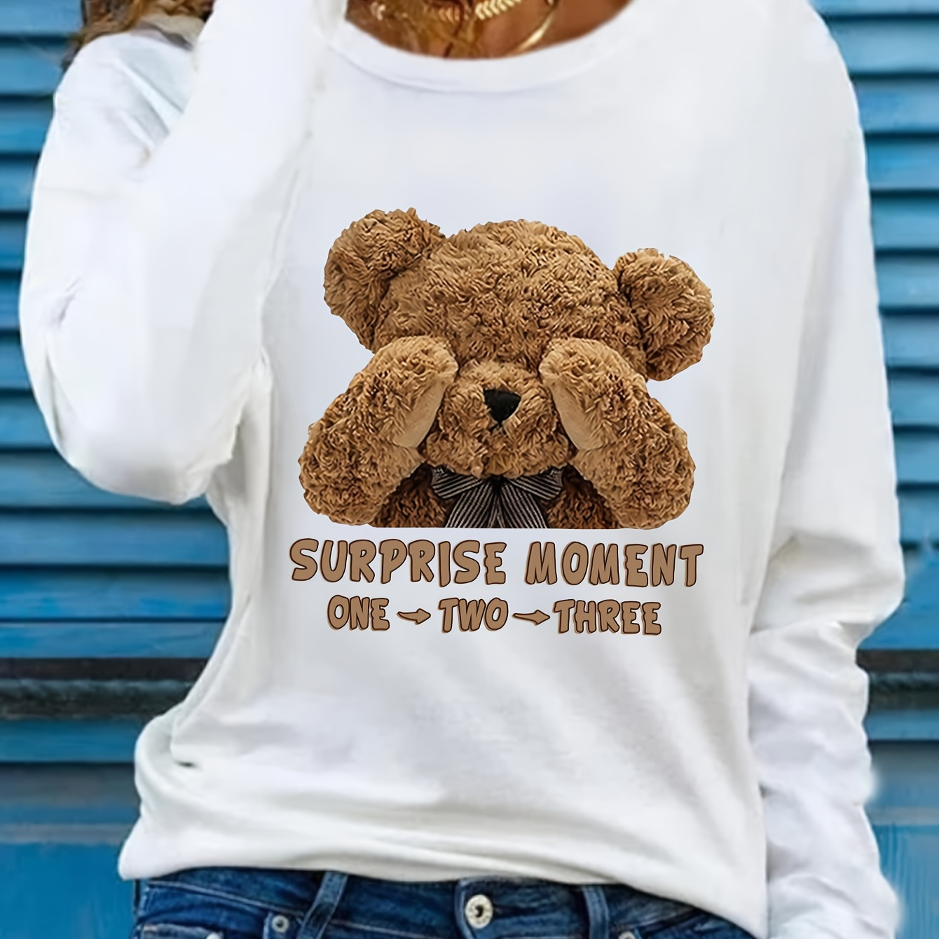 

Women's Casual Long Sleeve T-shirt With Cartoon Teddy , Polyester, Round Neck, Regular Fit, Autumn Fashion Top, Knit Fabric With Patchwork Detail