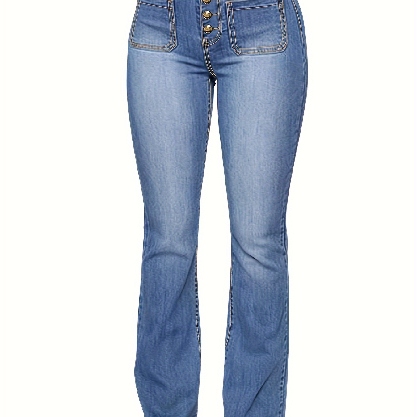 

Women's High-waisted Flared Jeans With Button Detail, Casual Solid Color Denim Pants, Woven Micro- Fabric, Slim Fit