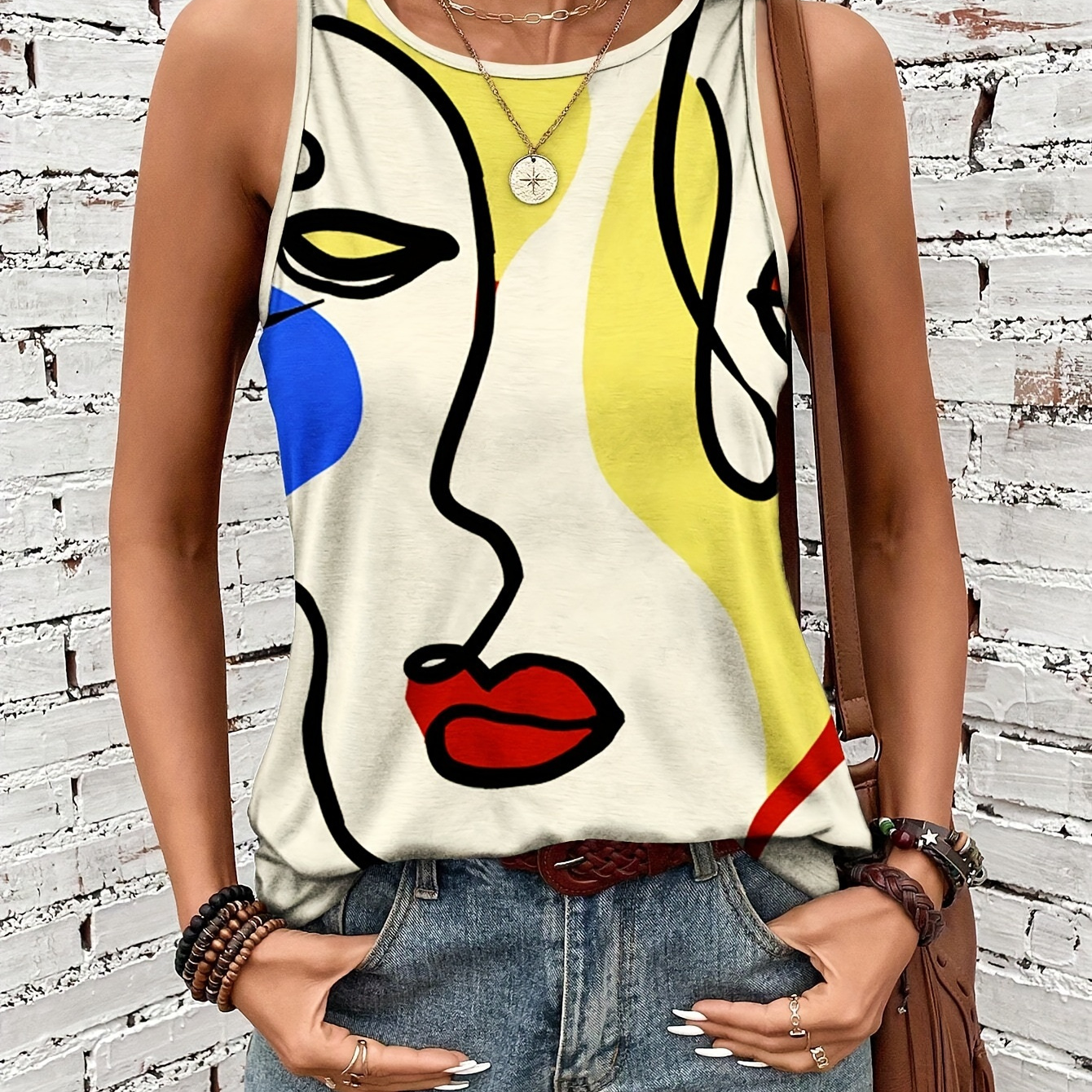 

Abstract Print Crew Neck Tank Top, Casual Sleeveless Tank Top For Summer, Women's Clothing