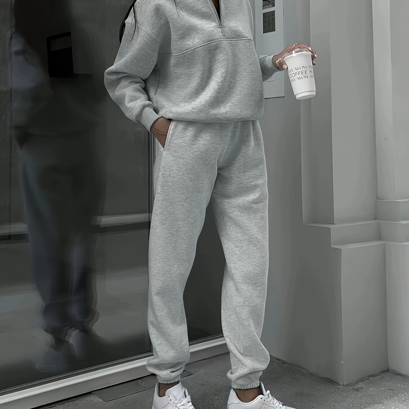 

2 Pcs Solid Color Sweatshirt & Pants Set, Long Sleeve Quarter Zip Sweatshirt & Waist Jogger Sweatpants, Women's Clothing