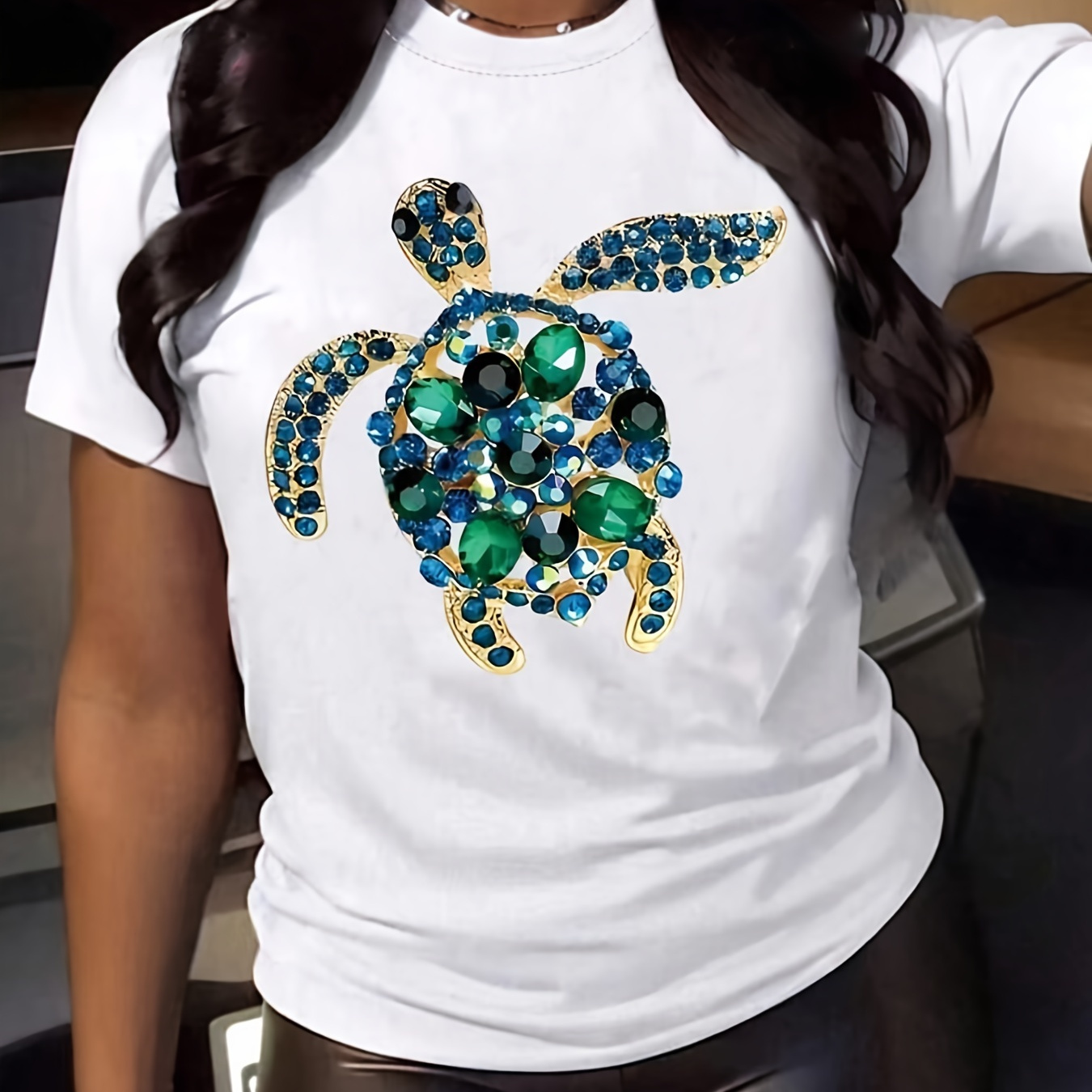 

Gemstone Turtle Print T-shirt, Short Sleeve Crew Neck Casual Top For Summer & Spring, Women's Clothing