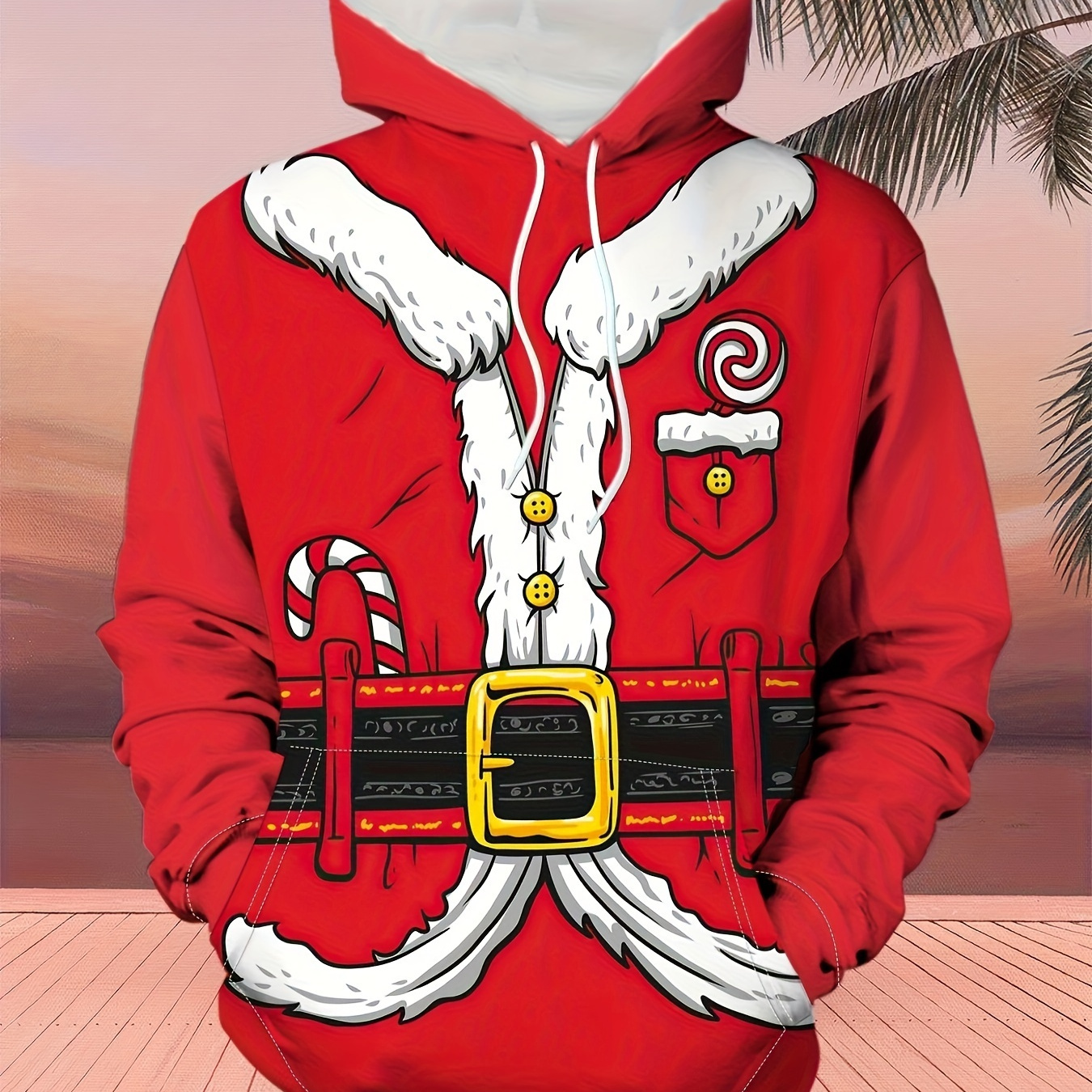 

Christmas Theme Cartoon Style Santa Claus Costume Print Hoodie For Men, Loose Fit Hooded Sweatshirt With Drawstring And Kangaroo Pocket, Male's Street And Holiday Fashion