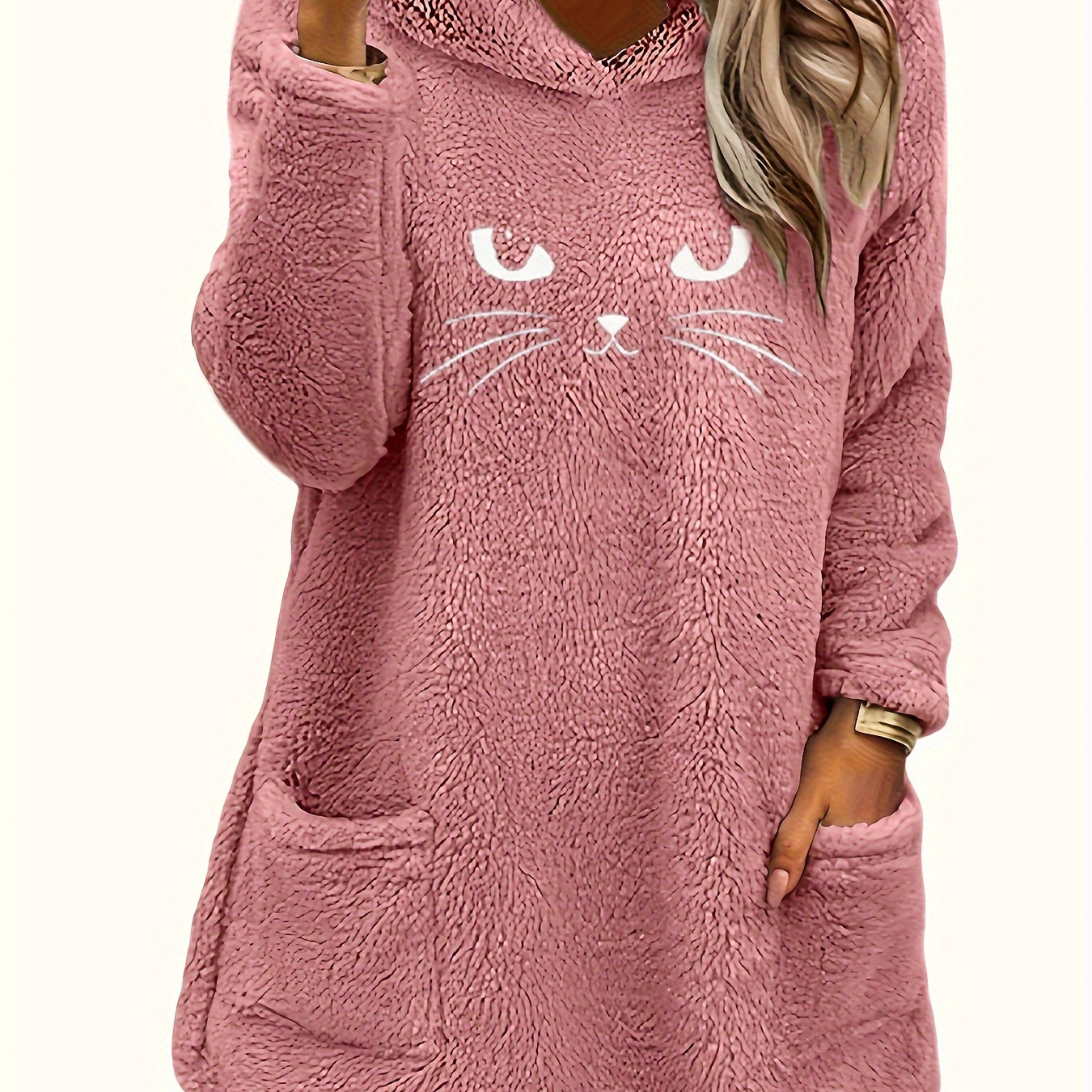 

Cat Pattern Teddy Hoodie, Casual Long Sleeve Dual Pockets Plush Sweatshirt For Fall & Winter, Women's Clothing