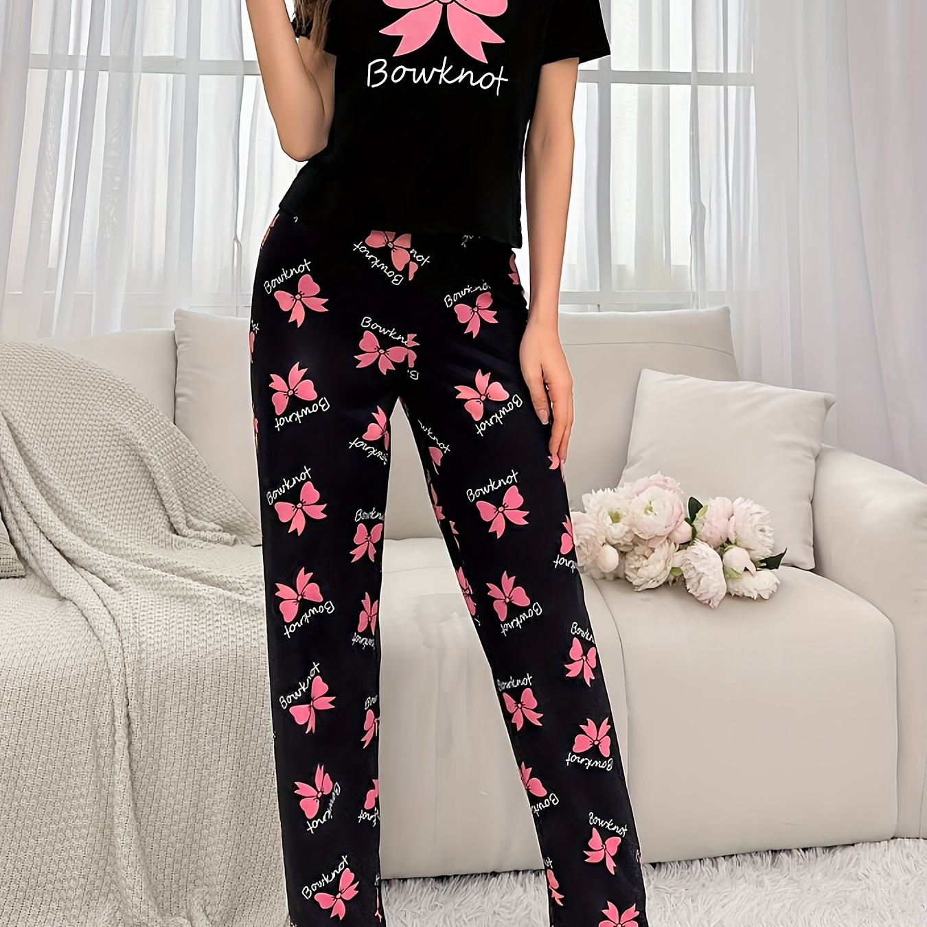 

Women's Bow & Letter Print Casual Pajama Set, Short Sleeve Round Neck Top & Pants, Comfortable Relaxed Fit