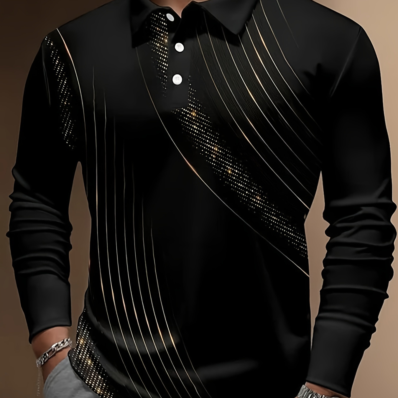 

Cool Gold Stripe Pattern Men's Long Sleeve Shirt, Men's All-match Outdoor Spring Fall Clothing, Gift For Men