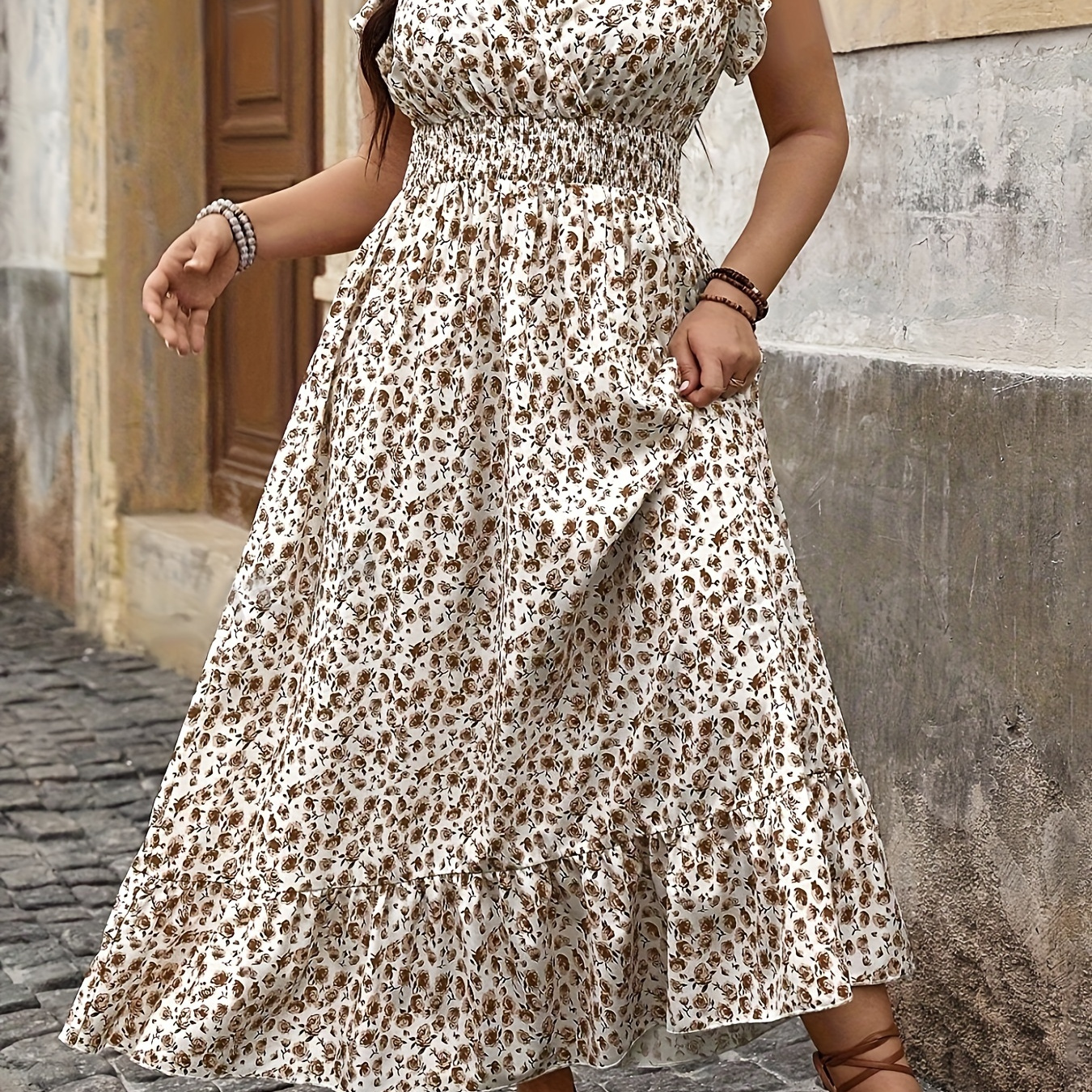 

Plus Size Floral Print Shirred Waist Dress, Elegant Surplice Neck Short Sleeve Ruffle Trim Dress For , Women's Plus Size Clothing