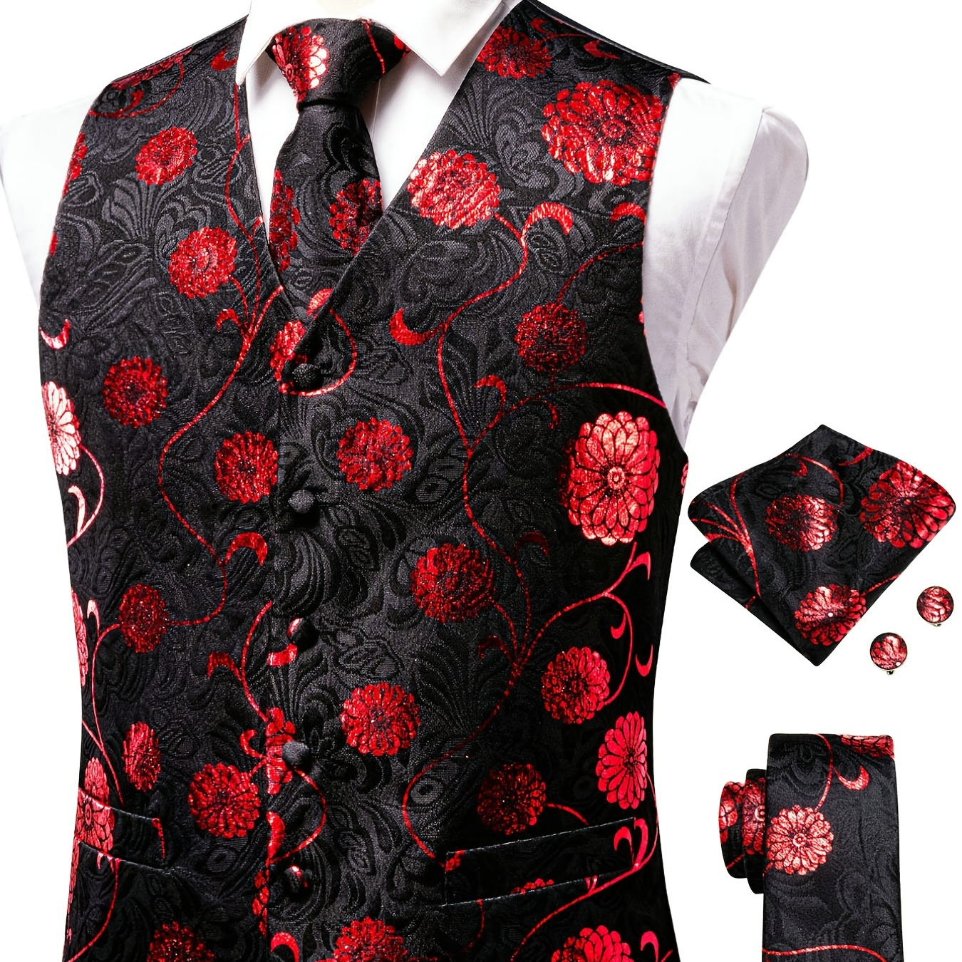 Men's Formal Floral Pattern Vest & Tie & Hanky & Cufflinks, Males 4 In 1 Dressing Accessories For Wedding And Business Occations