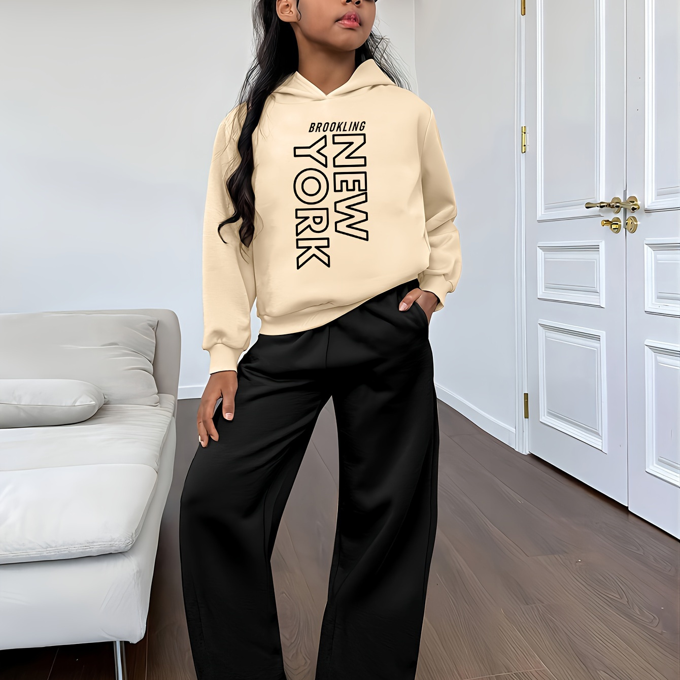 

' Casual Hoodie With Cartoon Letter Print + Wide Leg Pants Two-piece Set 262+266, Outdoor