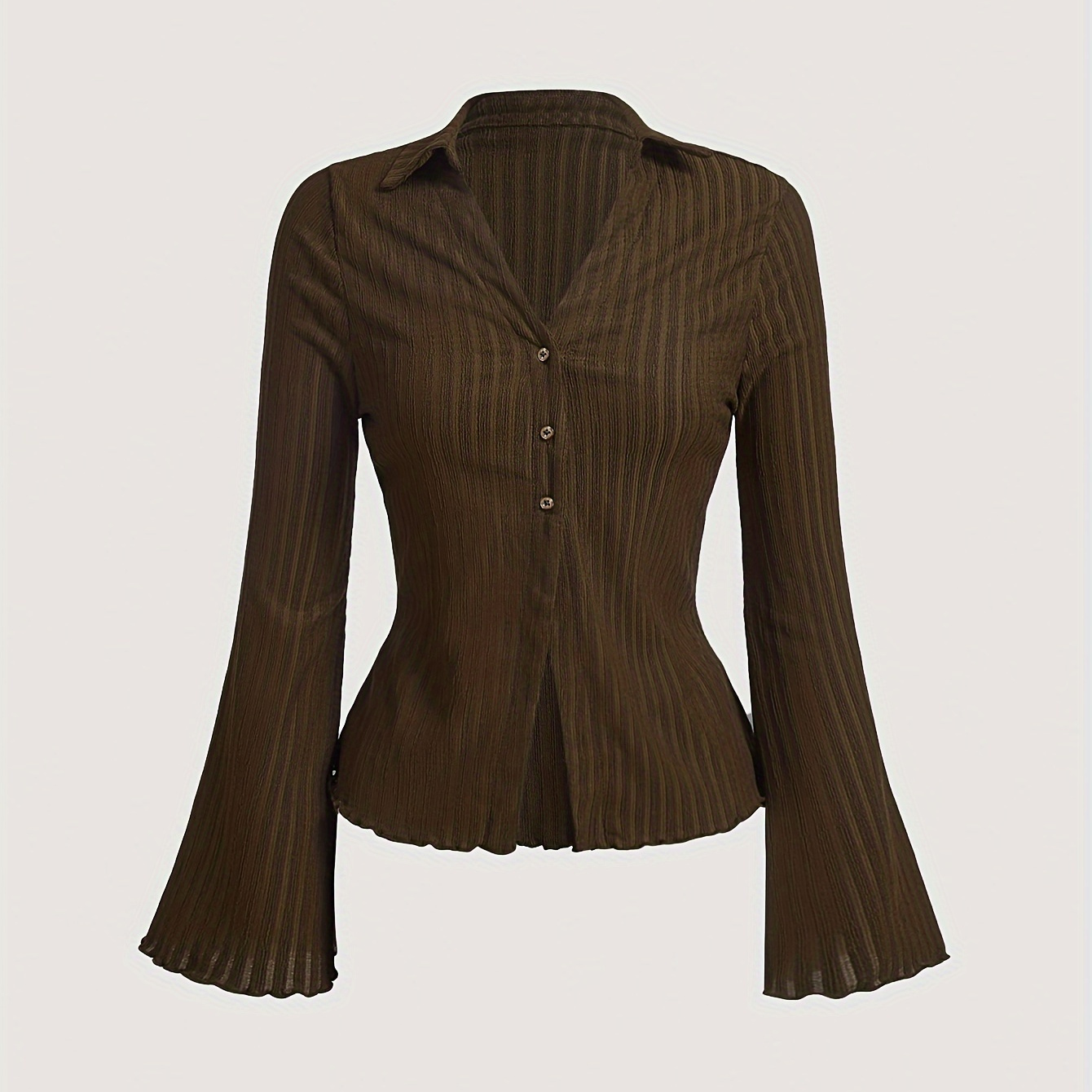 

Elegant Solid Color Blouse With Ruffle Trim And Bell Sleeves - Button Detail, Stretchy Polyester , Machine Washable - Women'