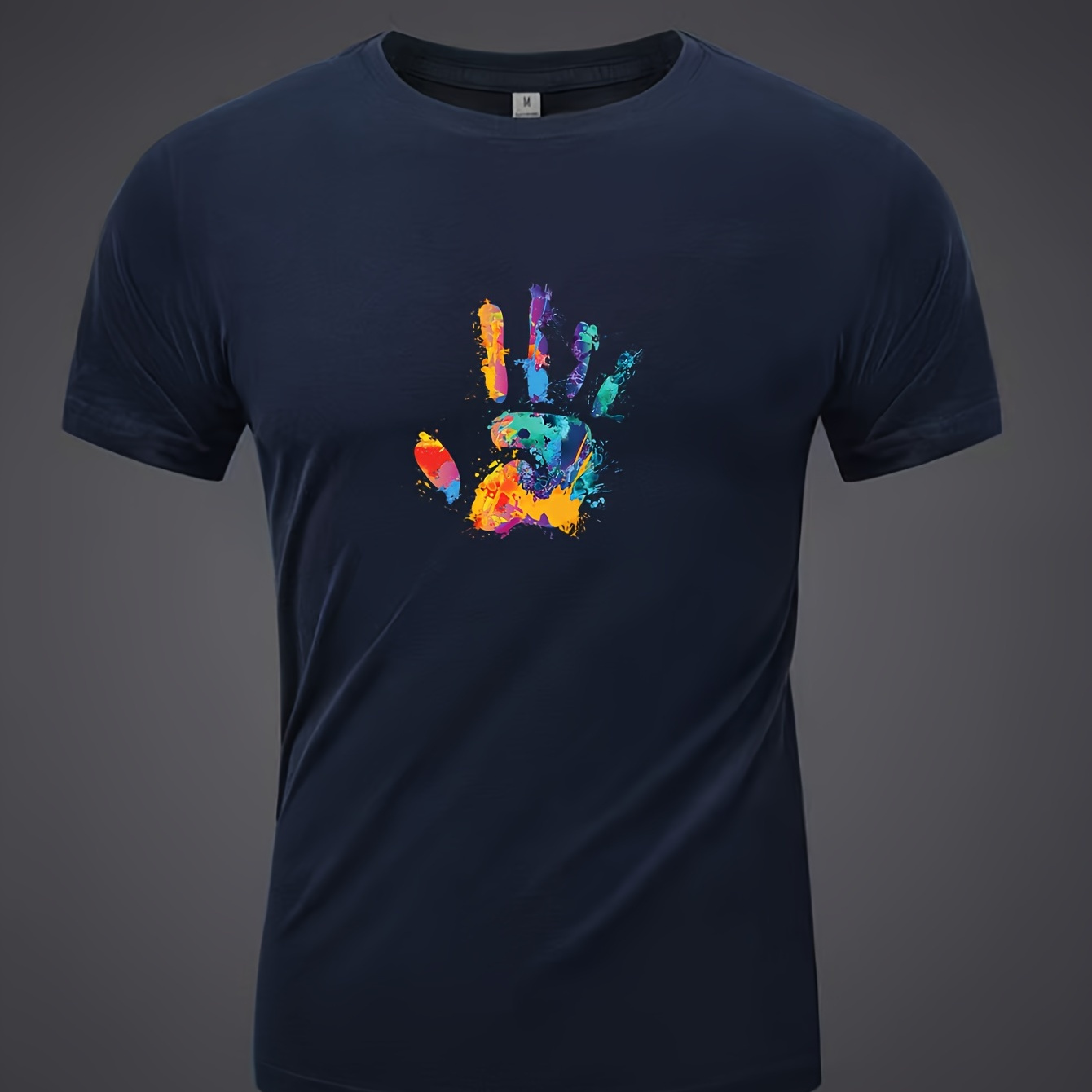 Colorful Handprint Graphic Cotton T-shirt, Men's Casual Solid Color Slightly Stretch Round Neck Tee For Spring Summer