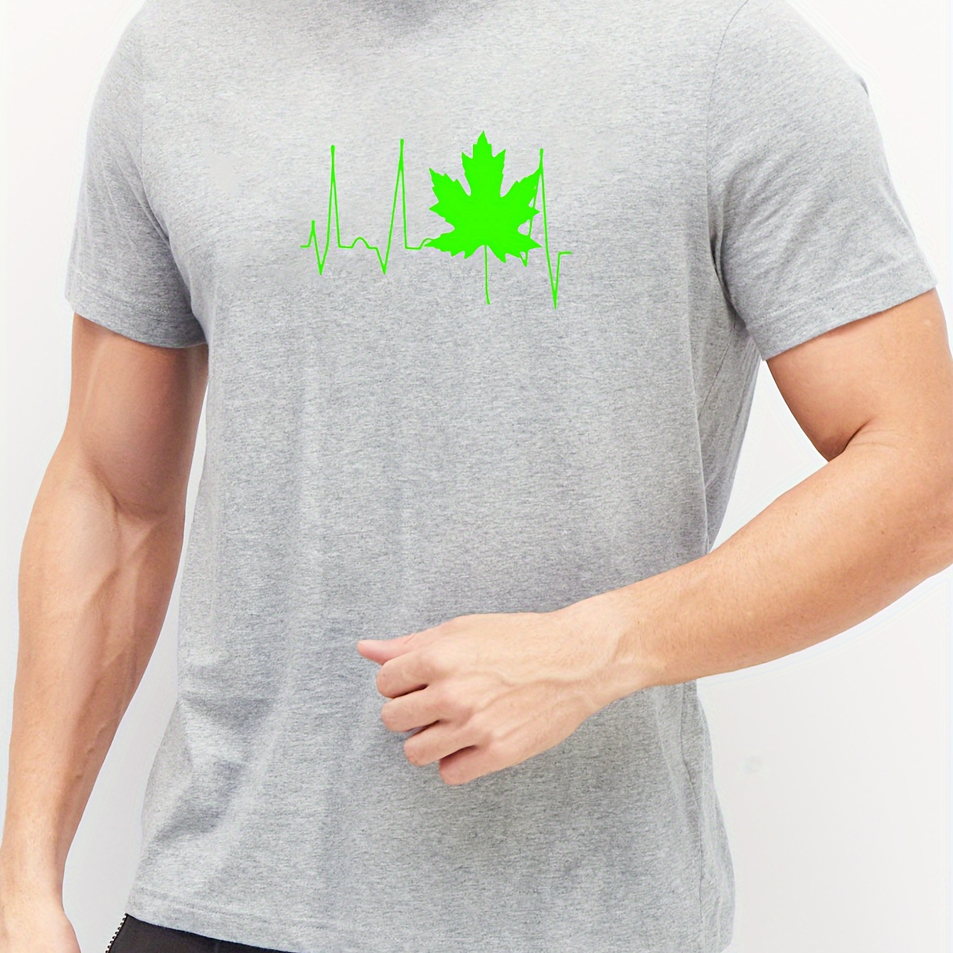 

Heartbeat And Maple Leaf Graphic Print T-shirt, Stylish And Breathable Street , Simple Comfy Cotton Top, Casual Crew Neck Short Sleeve T-shirt For Summer
