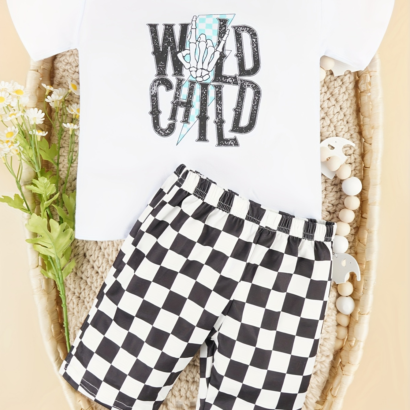 Baby Boys "Wild Child" Print Casual 2pcs Set - Crew Neck T-shirt + Plaid Shorts