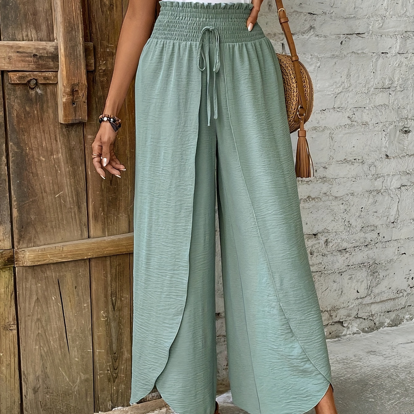 

Split Hem Wide Leg Pants, Casual High Smock Waist Loose Pants For , Women's Clothing