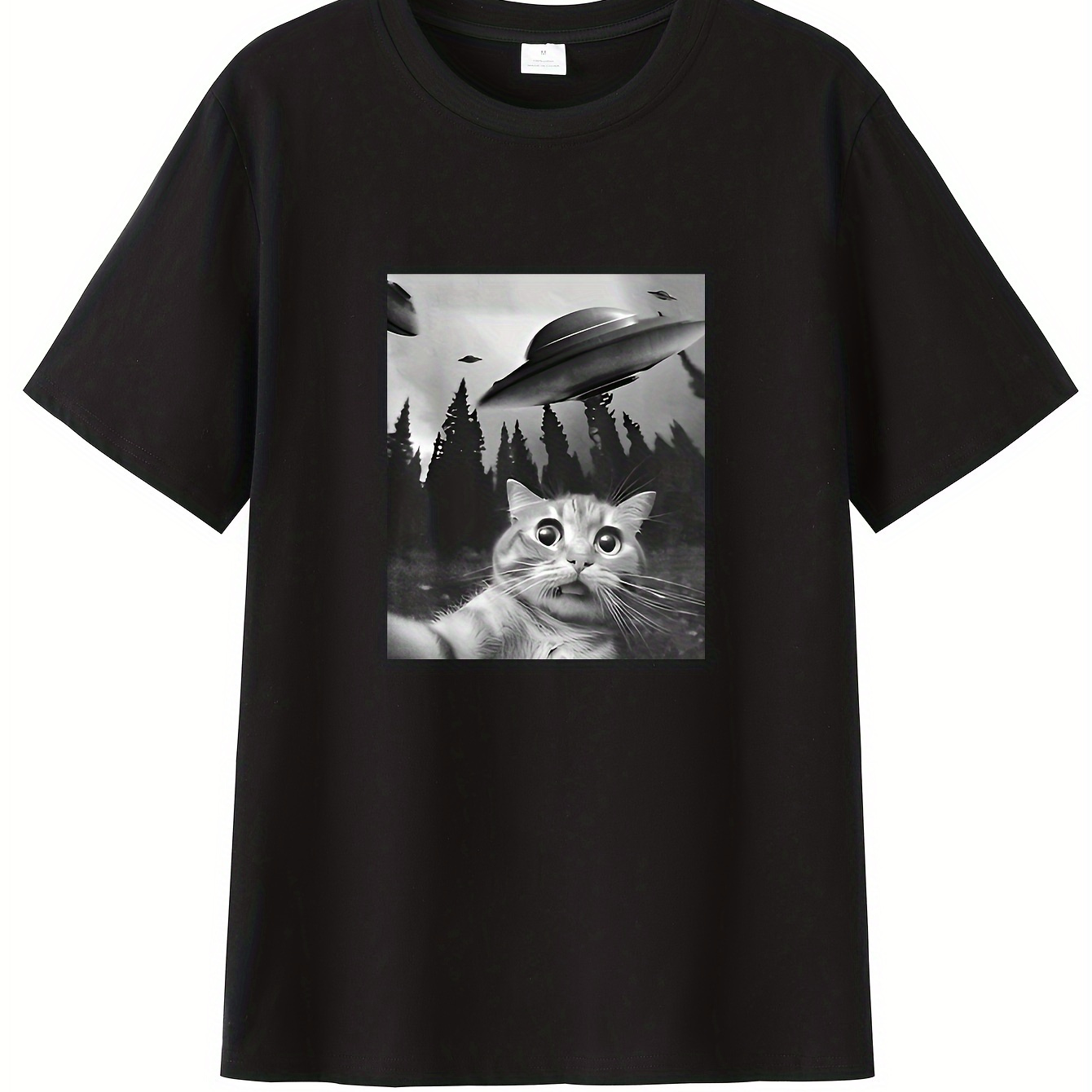 

Men's Casual Short Sleeve T-shirt With Cute Cat & Ufo Print - Breathable Polyester, Summer Fashion Tee