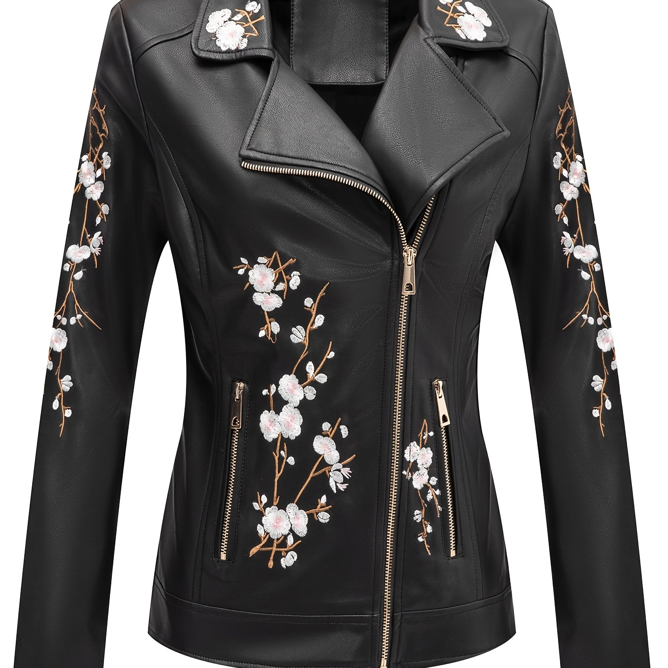 

Elegant Women's Embroidered Leather For Moto Jacket - Chic Black With , Zip-up, Long Sleeve Outerwear For Spring & Fall