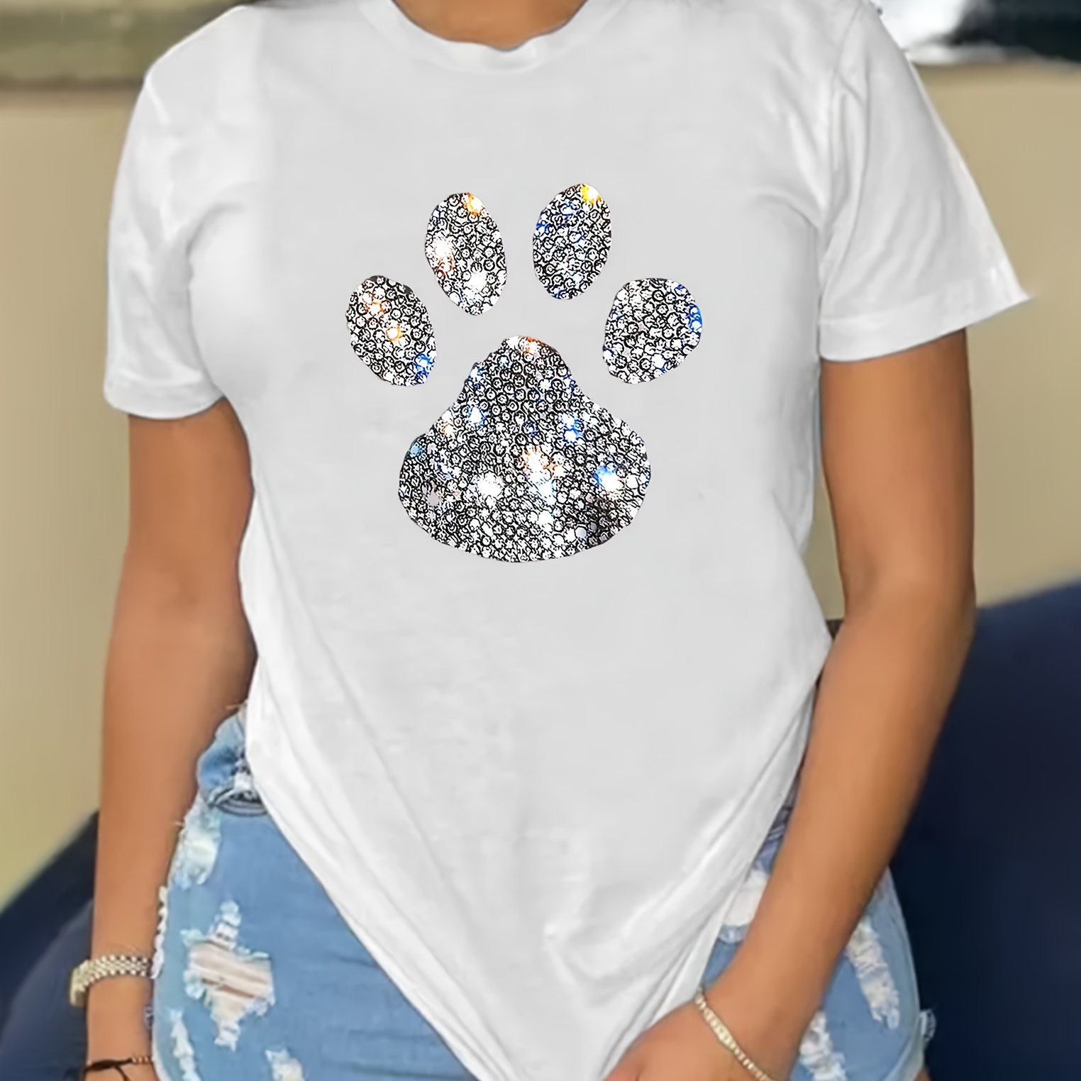 

Paw Print T-shirt, Short Sleeve Crew Neck Casual Top For Summer & Spring, Women's Clothing