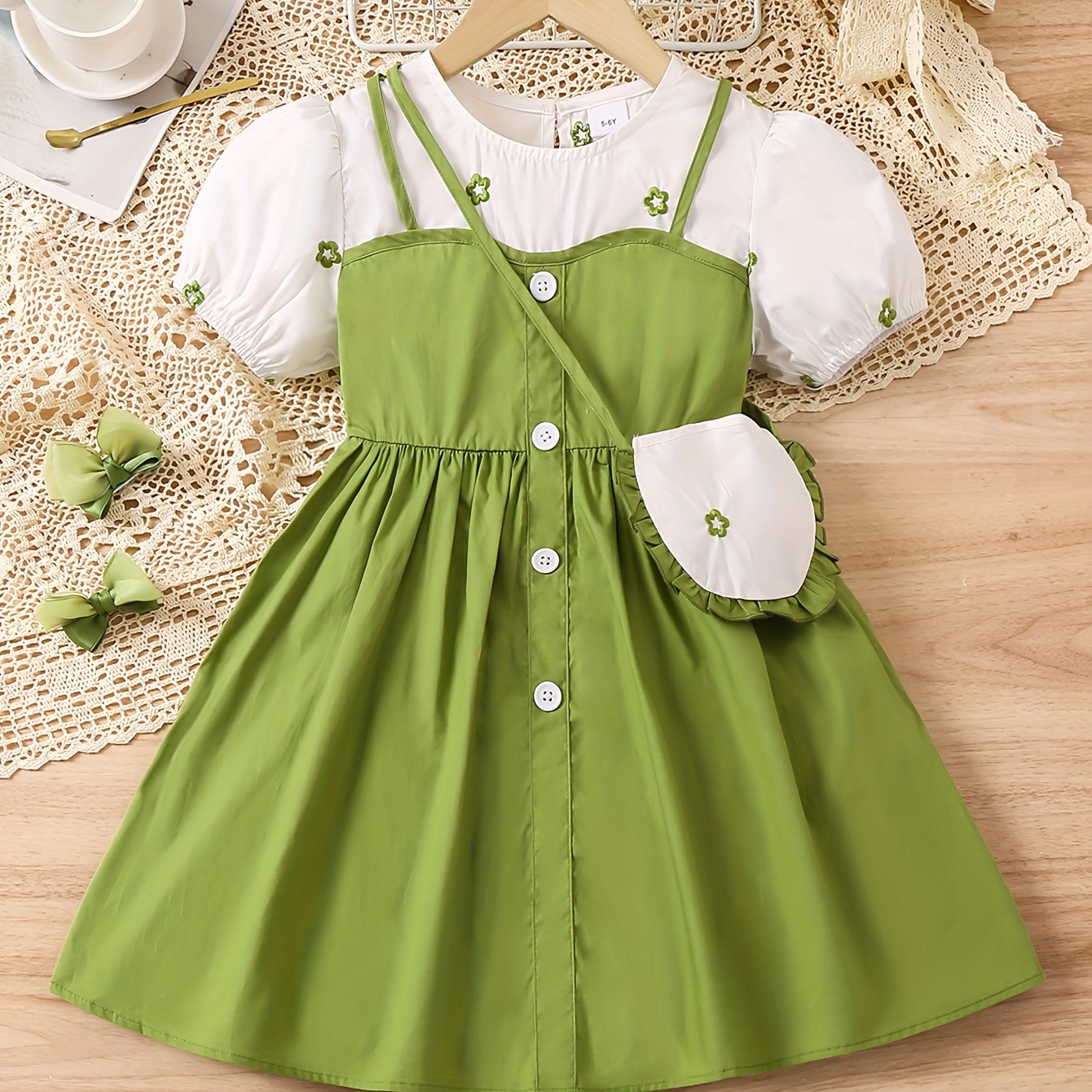 

Sweet Elegant Girls 100% Cotton Splicing Button Decor Short Sleeve Dress With Bag For Summer Party Gift