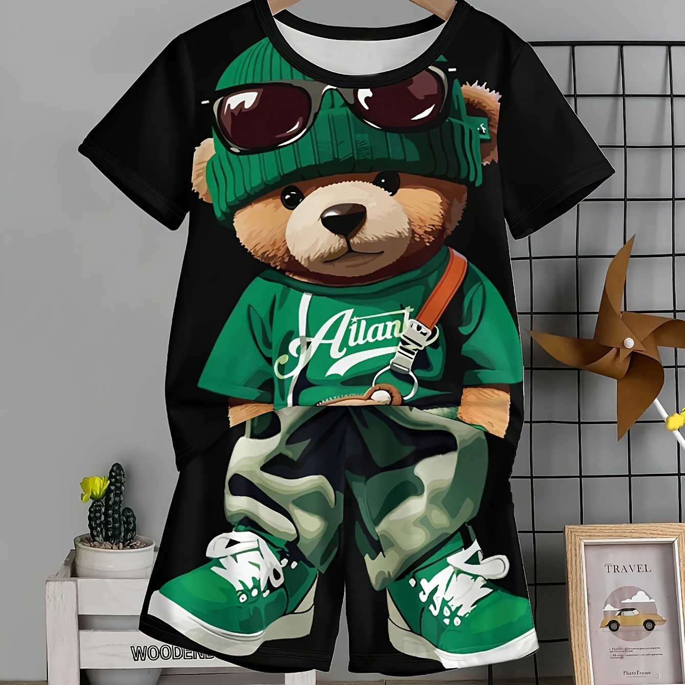 TEMU 2pcs Boys Casual Cartoon Cool Bear Print Versatile Short Sleeve T-shirt & Shorts Set, Cool, Lightweight And Comfy Summer Clothes