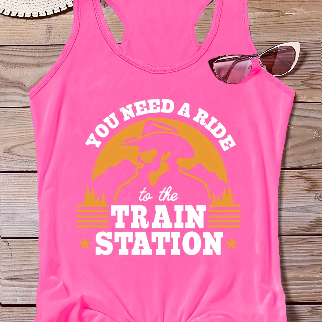 

Plus Size Letter Train Station Print Tank Top, Casual Crew Neck Sleeveless Top For Summer, Women's Plus Size Clothing