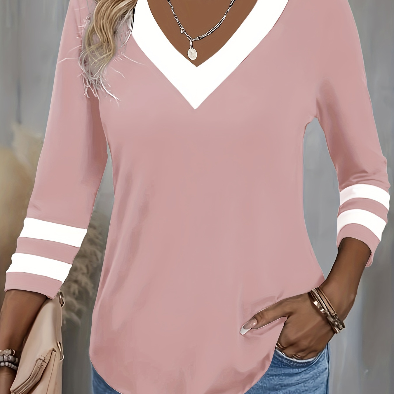 

Color Block V Neck T-shirt, Casual 3/4 Sleeve Top For Spring & Fall, Women's Clothing