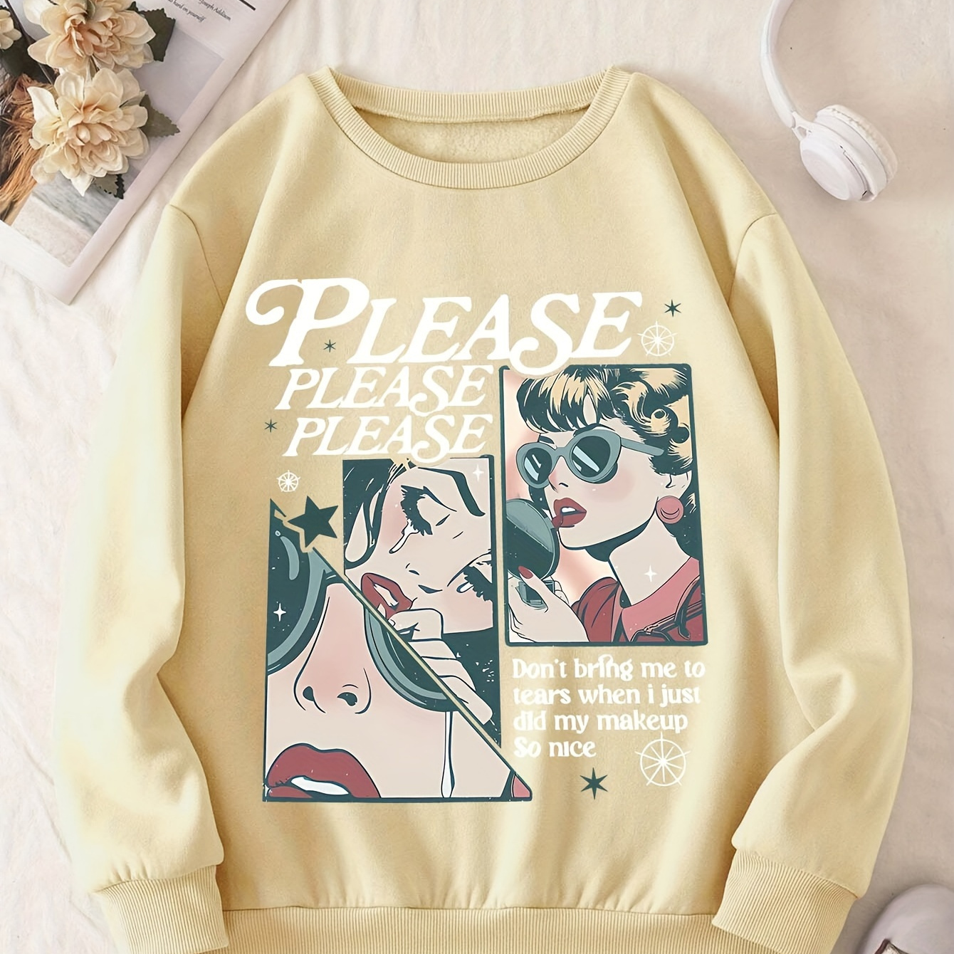 

Please Print Pullover Sweatshirt, Casual Long Sleeve Crew Neck Sweatshirt For Fall & Winter, Women's Clothing