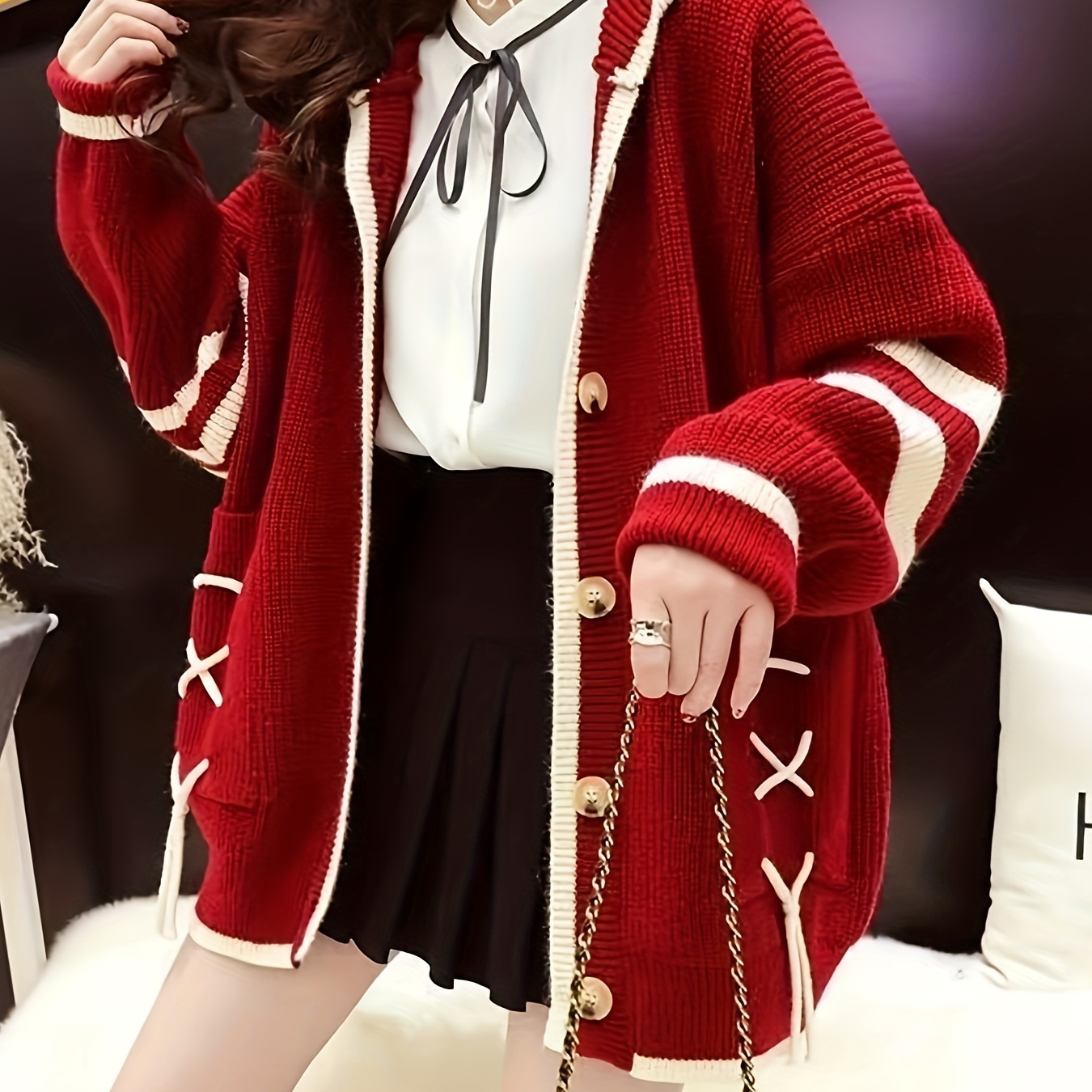 

1pc Women's Casual Knit Cardigan With Hood - Polyester Long Sleeve Button-up Open Front Sweater For All