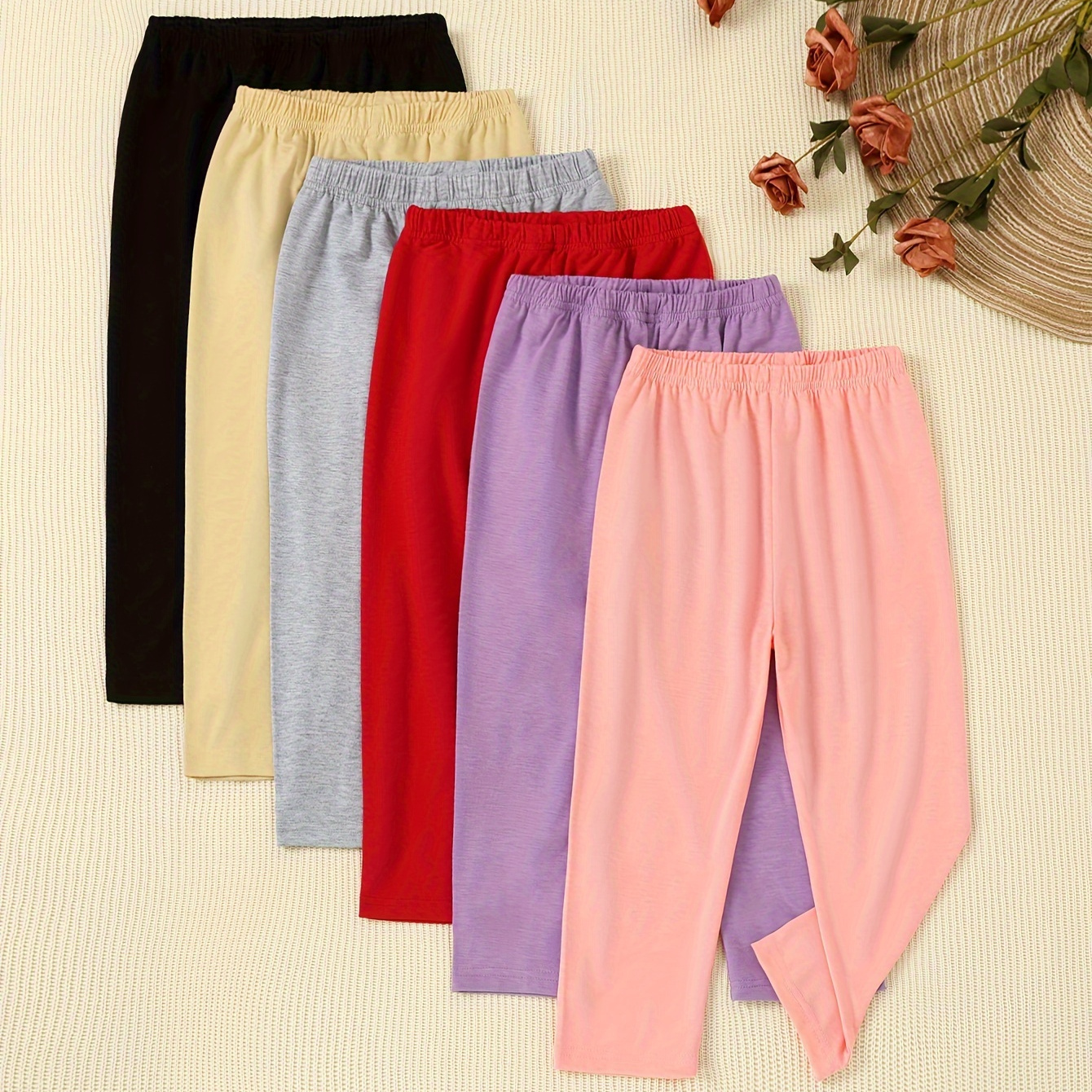 

Girls 6pcs/set Stretchy & Casual Solid Colored Leggings For Spring & Fall