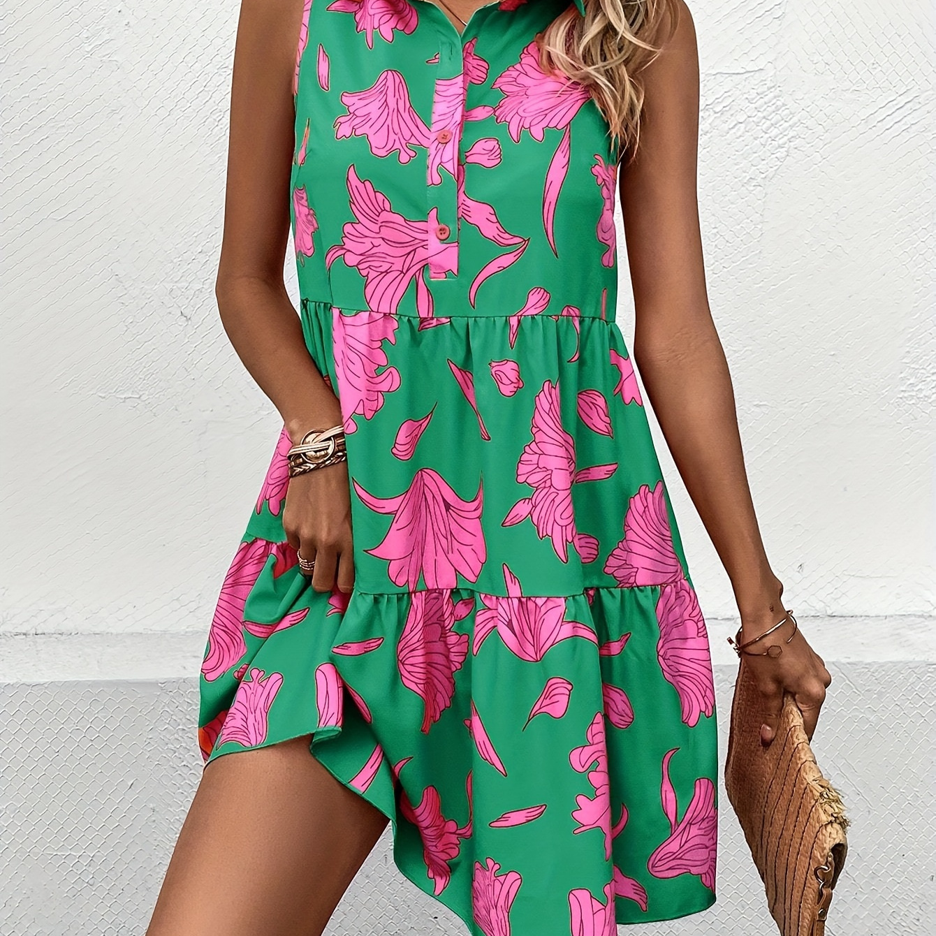 

Button Up Floral Print Ruffle Dress, Elegant Sleeveless Dress For Spring & Summer, Women's Clothing