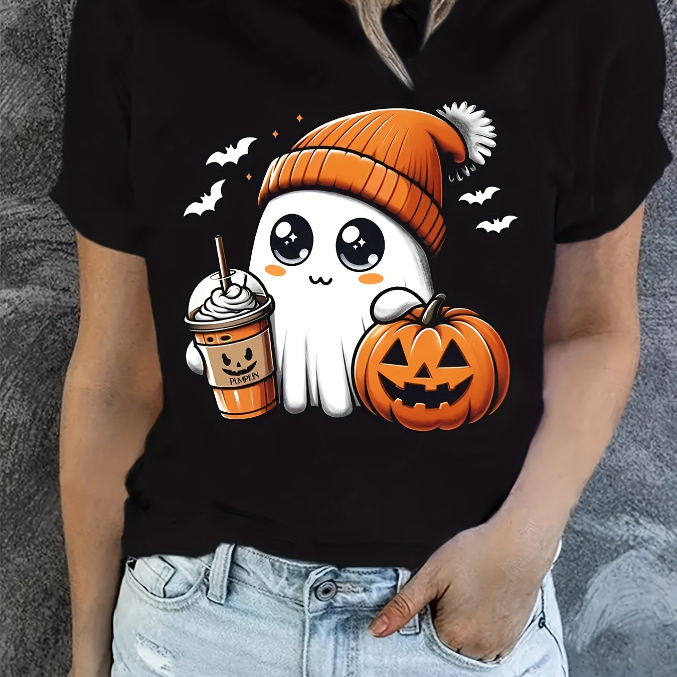 

& Pumpkin Print Crew Neck T-shirt, Casual Short Sleeve T-shirt For Spring & Summer, Women's Clothing