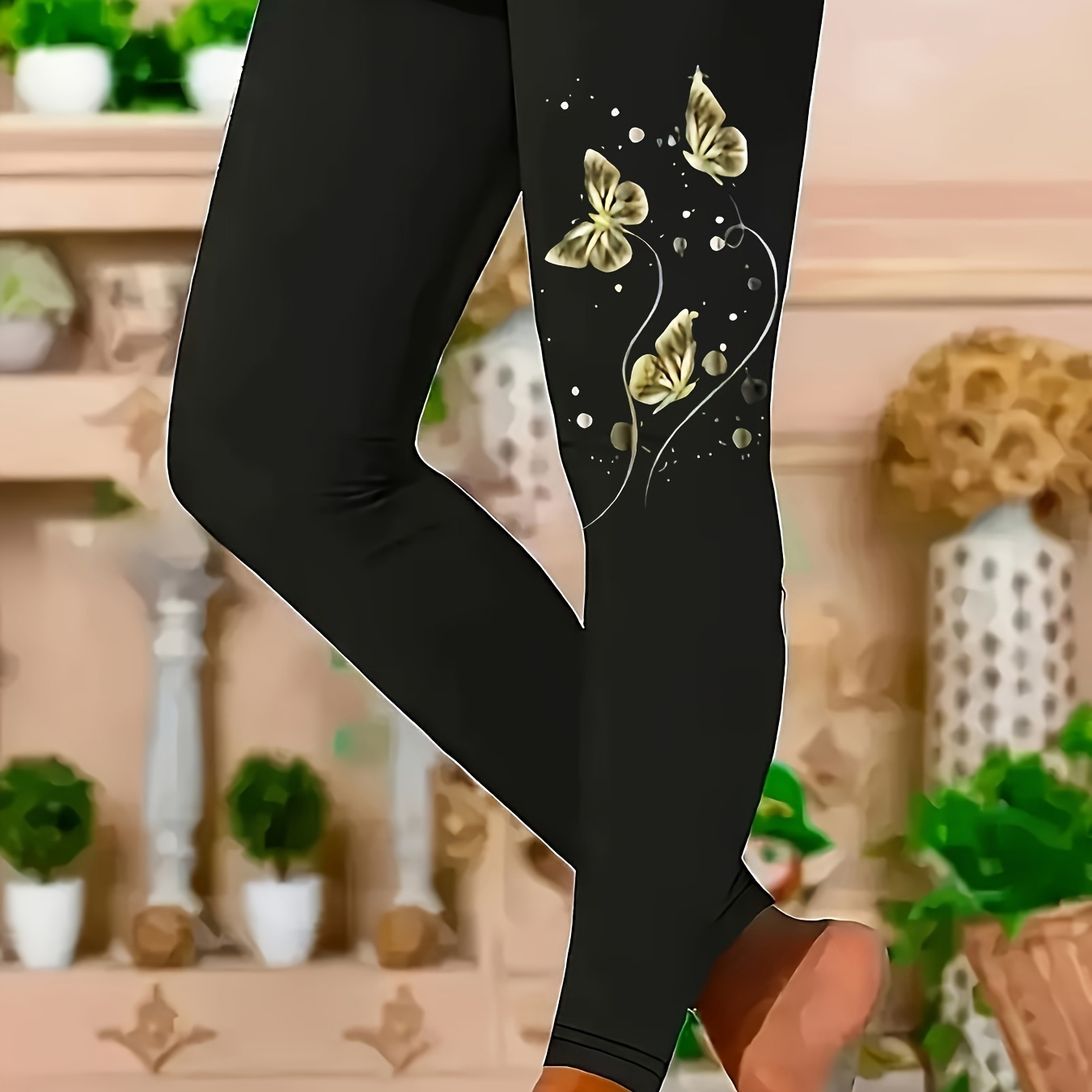 

Leggings décontractées taille plus pour femmes, imprimé papillon polyester-mélange de spandex, tissu tricoté élastique haute résistance, pantalon skinny pour toutes les